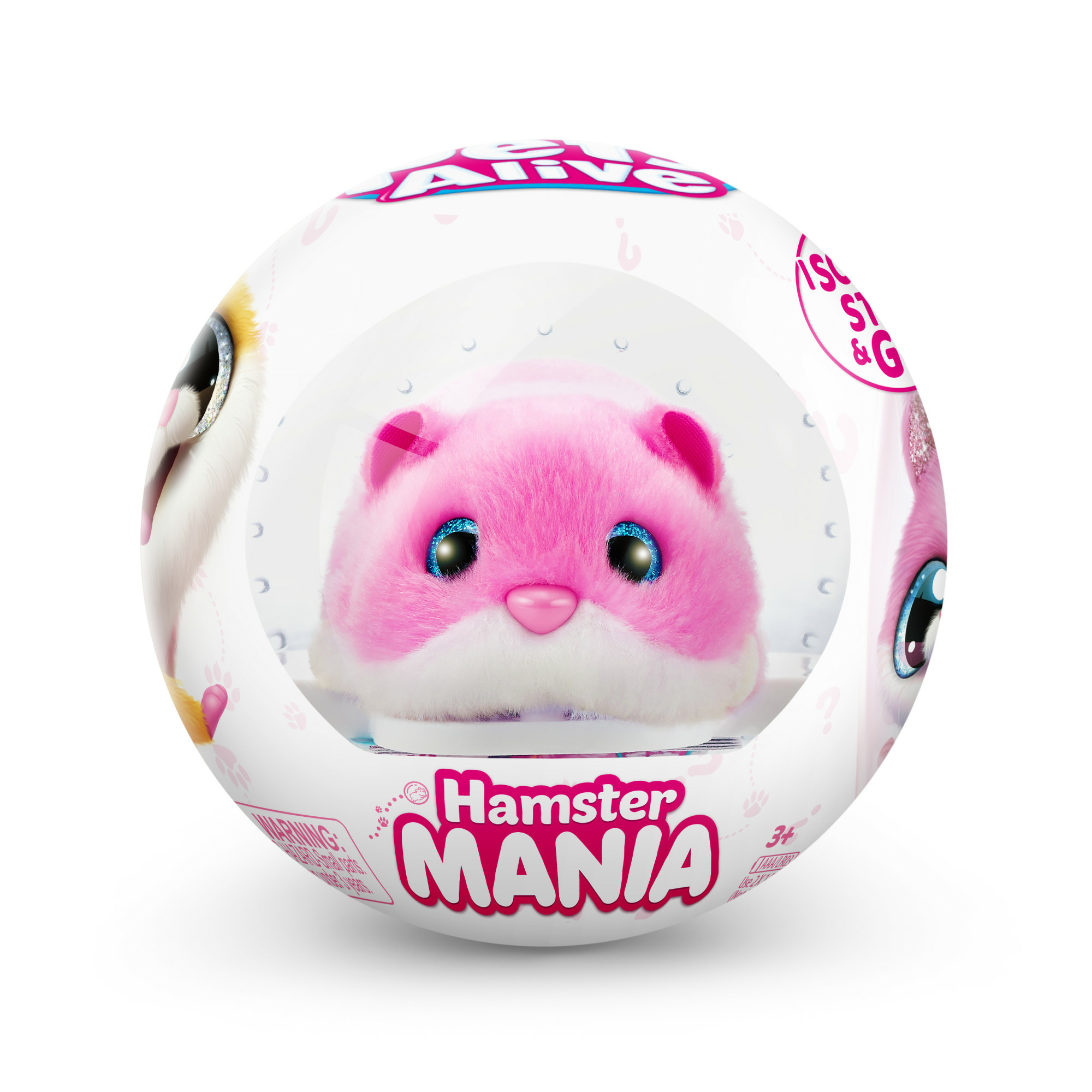 Hamster Mania Spielzeug in einer Kugel, rosa Hamsterplüsch in einer Blase.