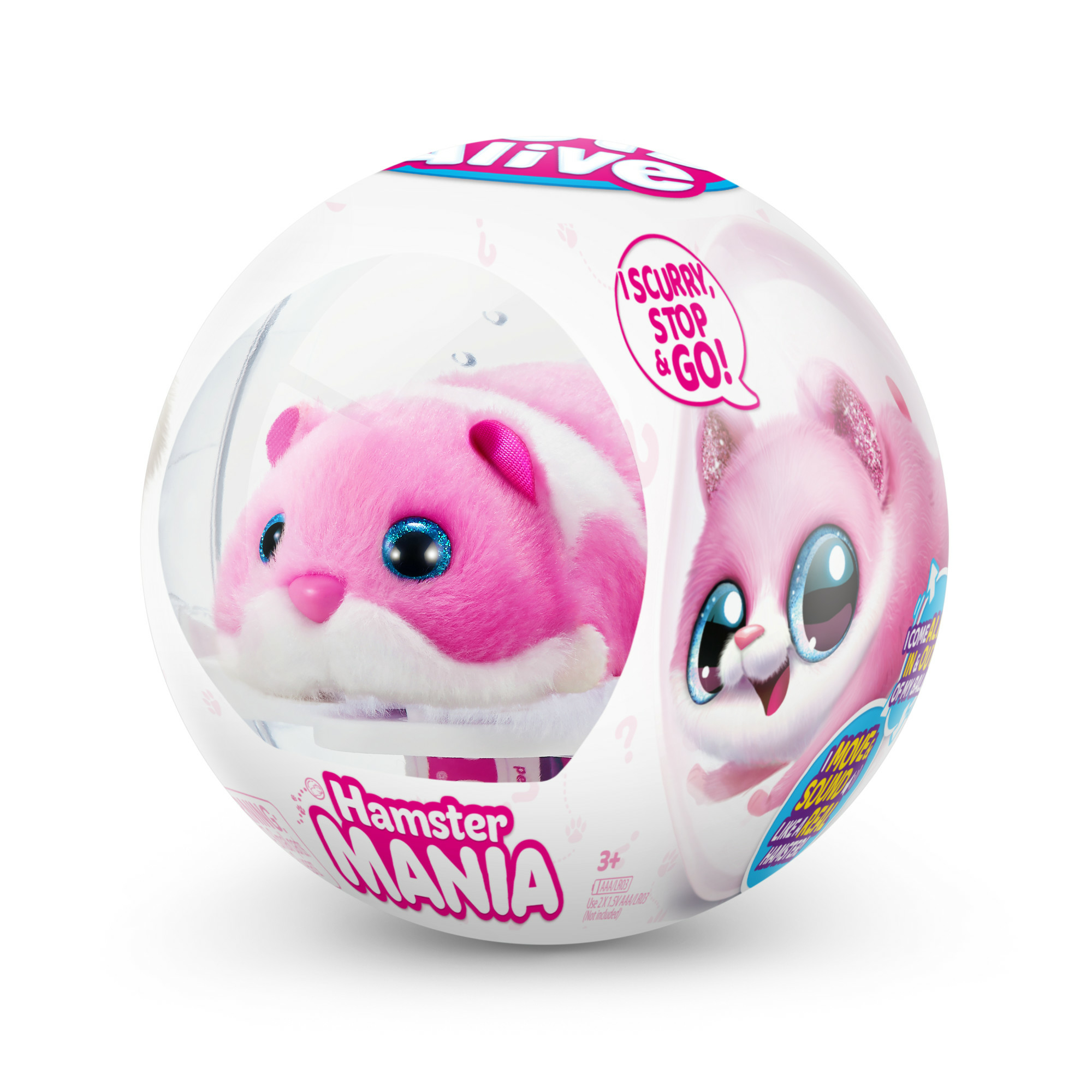 Rosa Hamsterspielzeug in einer durchsichtigen Kugel. Die Kugel hat Text: Hamster Mania.