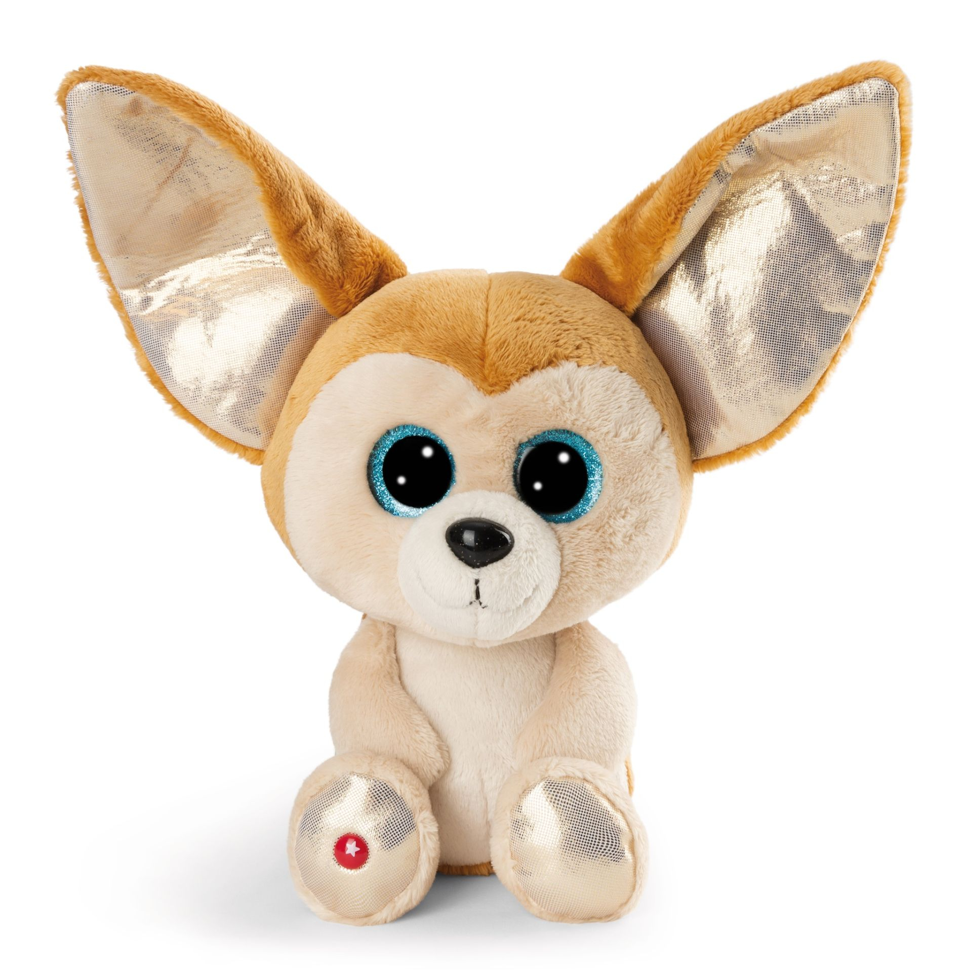 Volpe di peluche marrone e beige con grandi orecchie e occhi blu.