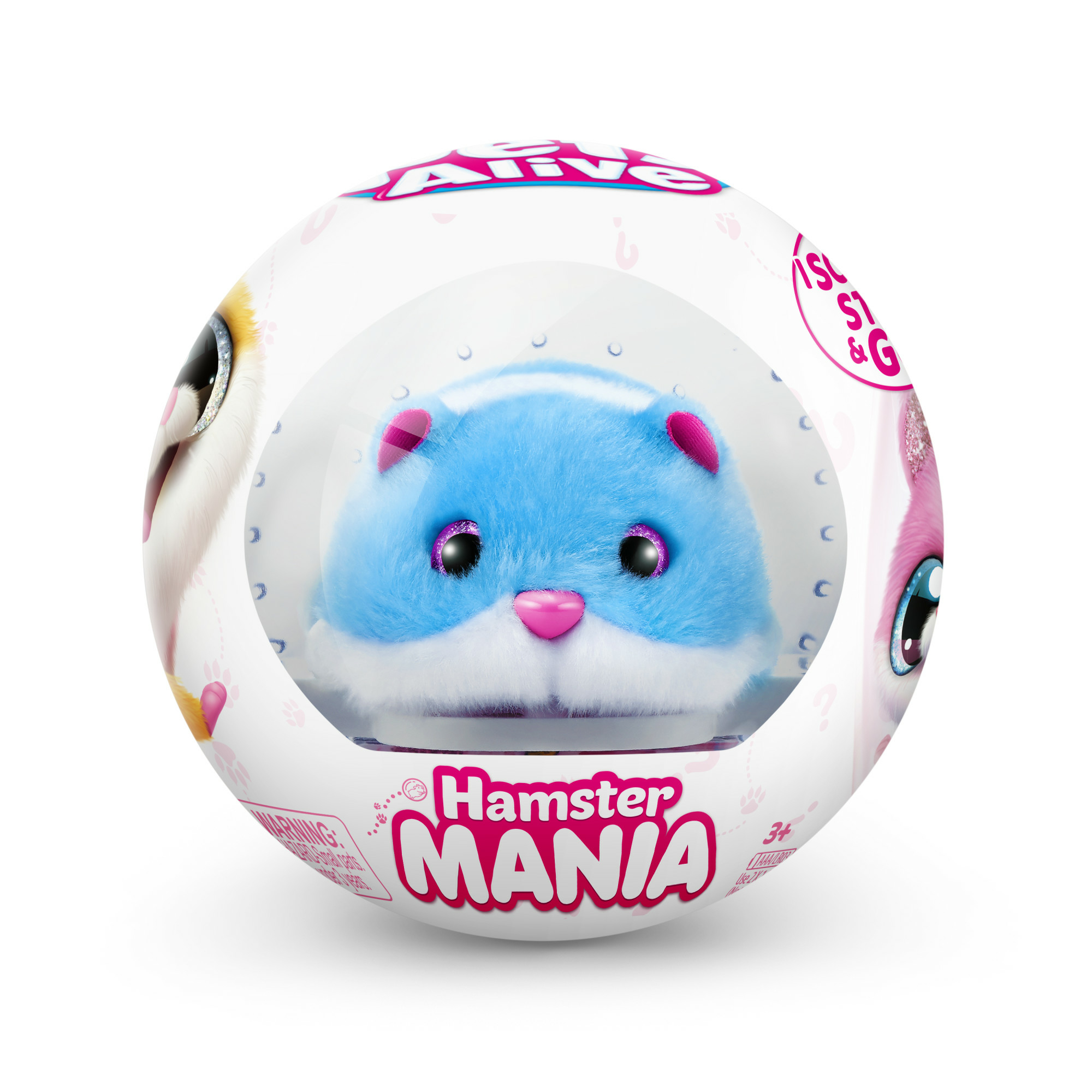 Hamster Mania Spielzeug in einer durchsichtigen Kugel, mit einem blauen Hamsterspielzeug.