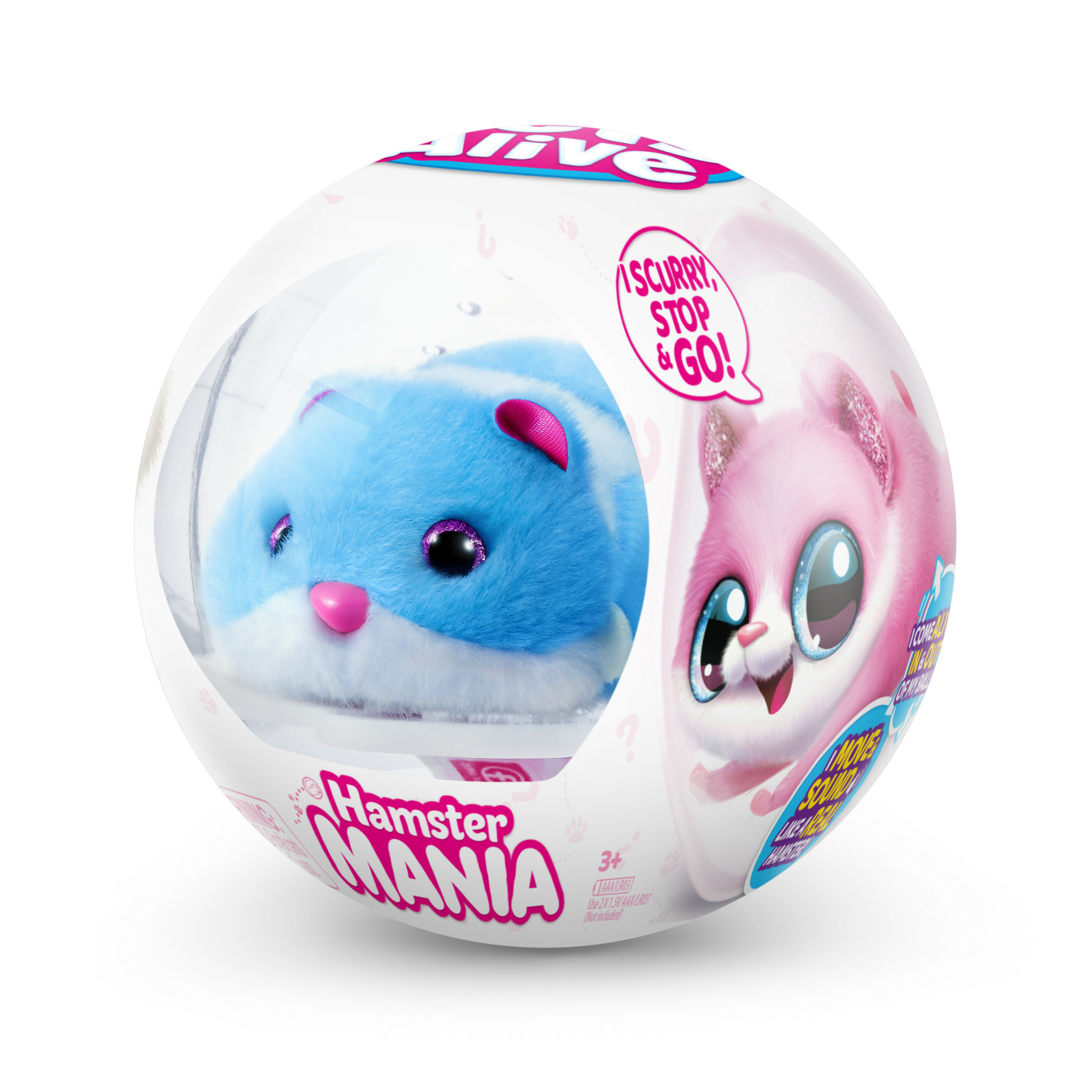 Hamster Mania Spielzeug in einer durchsichtigen Kugel, mit einem blauen und einem rosa Hamster.