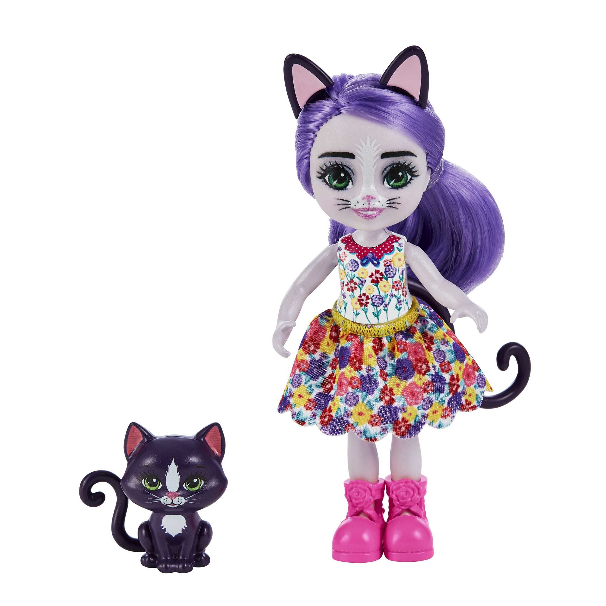 Puppe mit lila Haaren und Katzenohren, trägt ein Blumenkleid, mit einem Katzenspielzeug.
