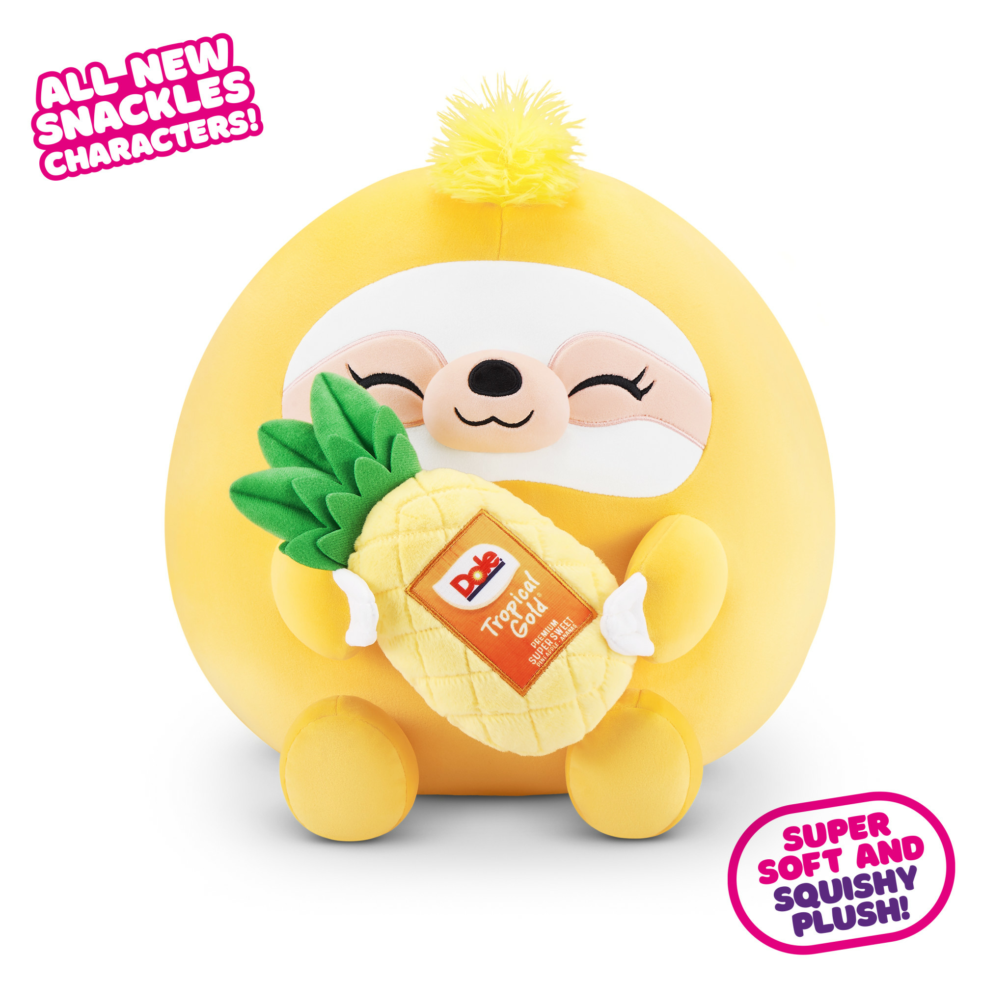 Ein gelbes Faultier-Plüschtier, das eine Ananas hält. Es gibt Text mit 'Super Soft and Squishy Plush!'