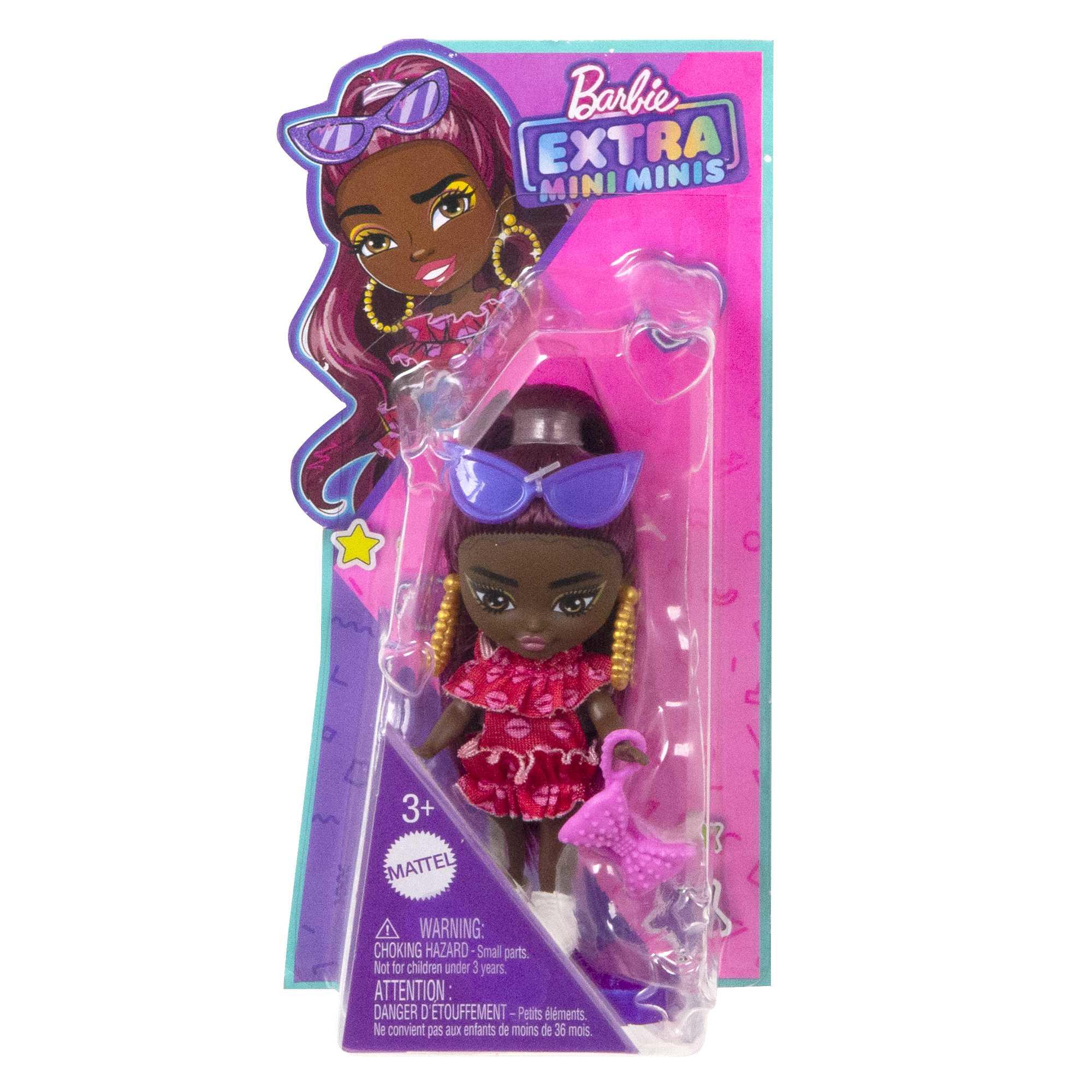 Barbie-Puppe in pinkem Kleid, lila Sonnenbrille und pinker Handtasche auf pinkem Hintergrund.