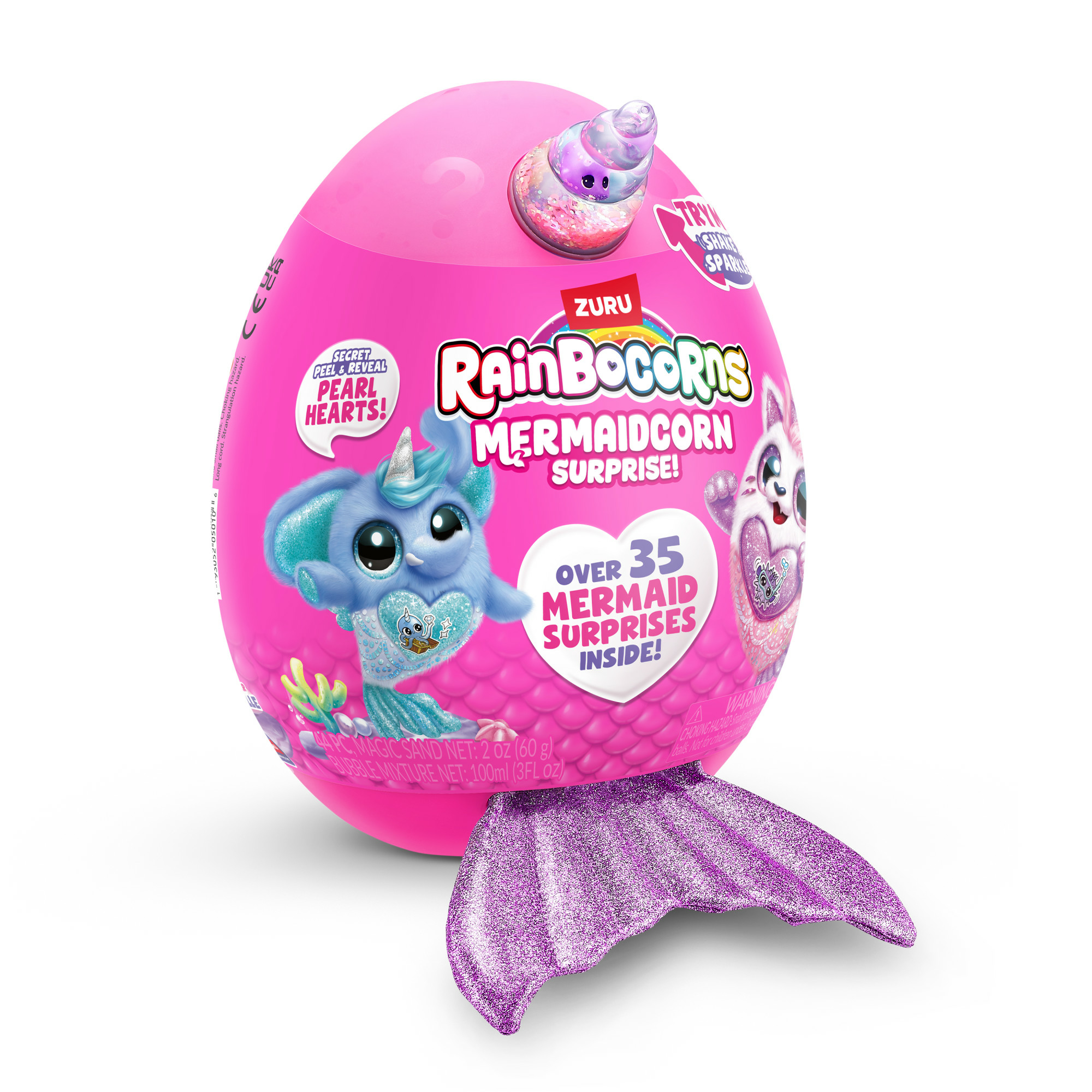 Ein rosa eiförmiges Spielzeug mit Meerjungfrauenschwanz und Einhornhorn, mit Text auf der Vorderseite.