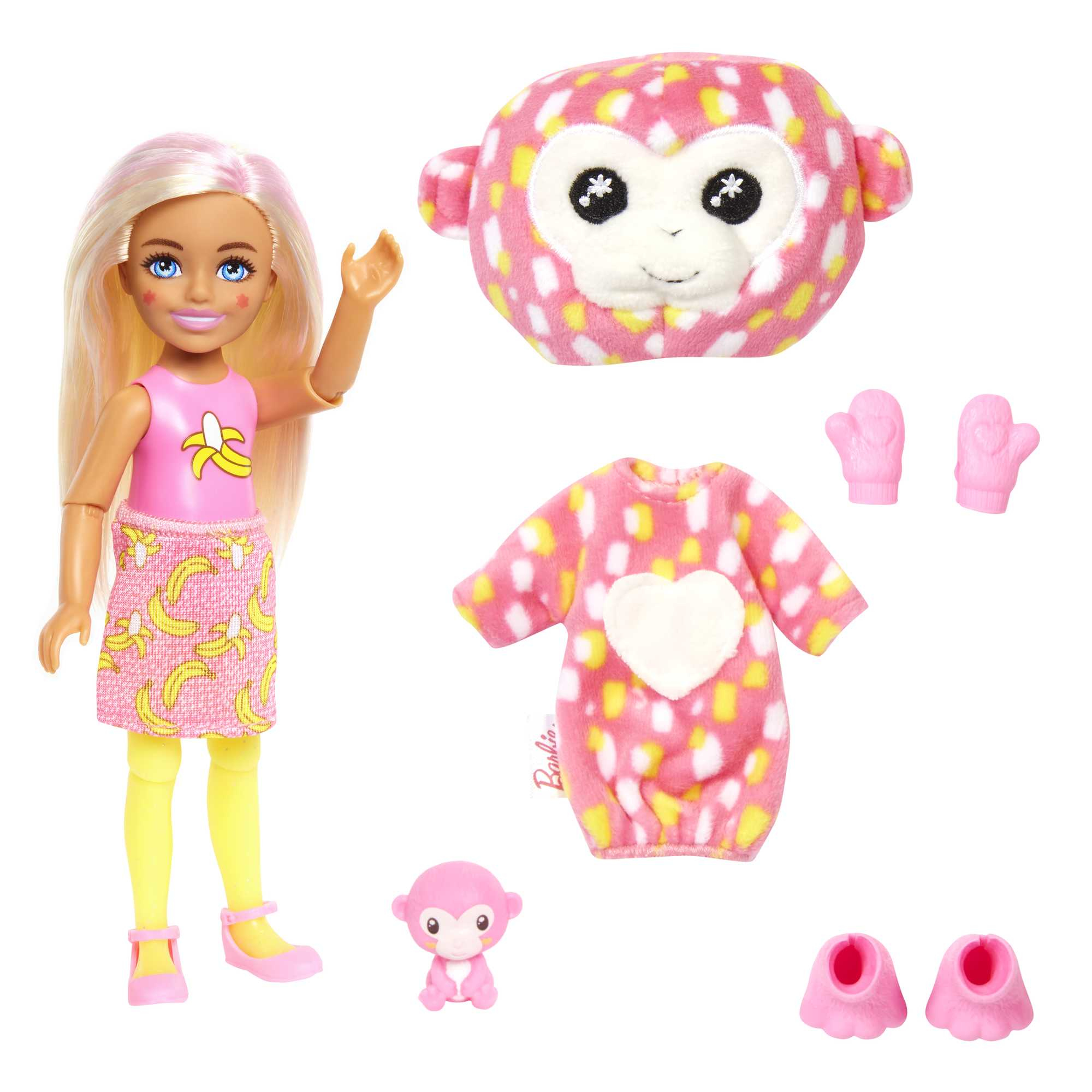 Puppe mit blonden Haaren, trägt ein rosa Outfit. Auf weißem Grund gibt es Affen-Accessoires und eine Affenpuppe.