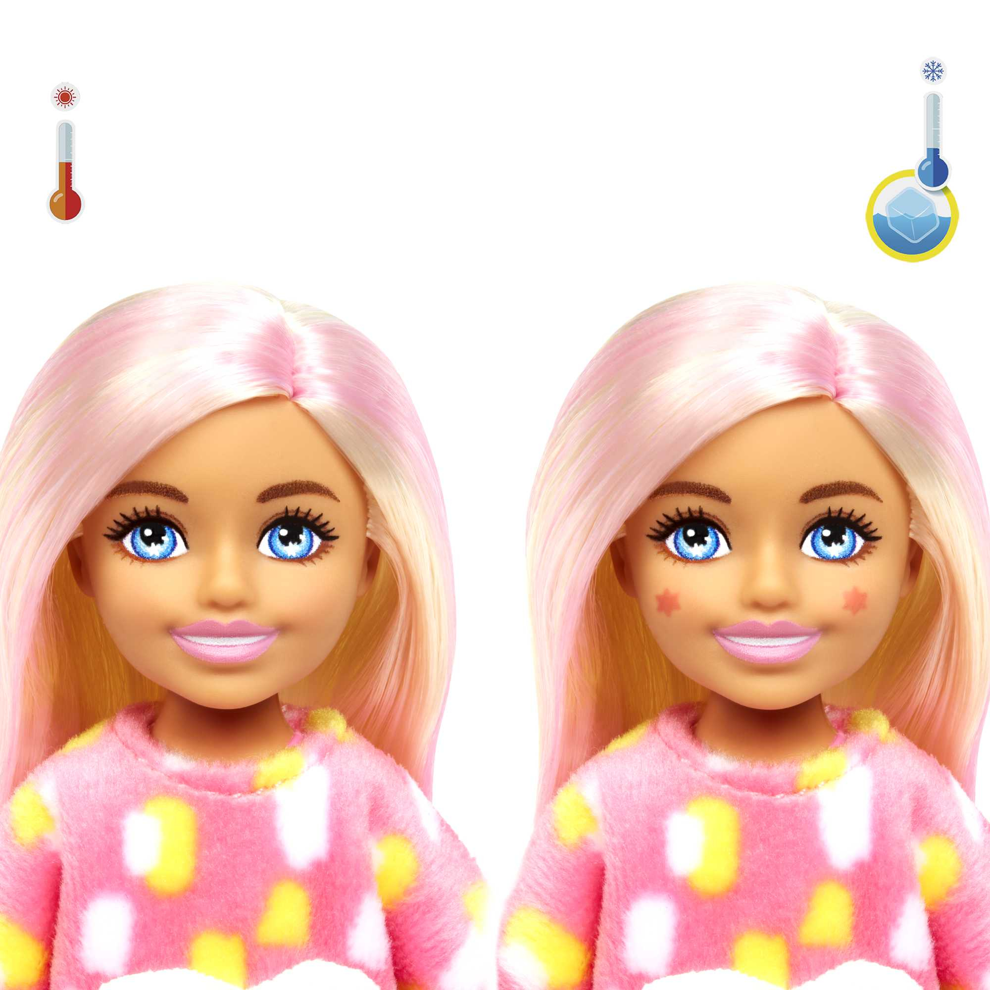 Zwei Barbie-Puppen mit Gesichtsbemalung. Eine hat ein Thermometer-Symbol, die andere eine Schneeflocke. Rosa Kleidung.
