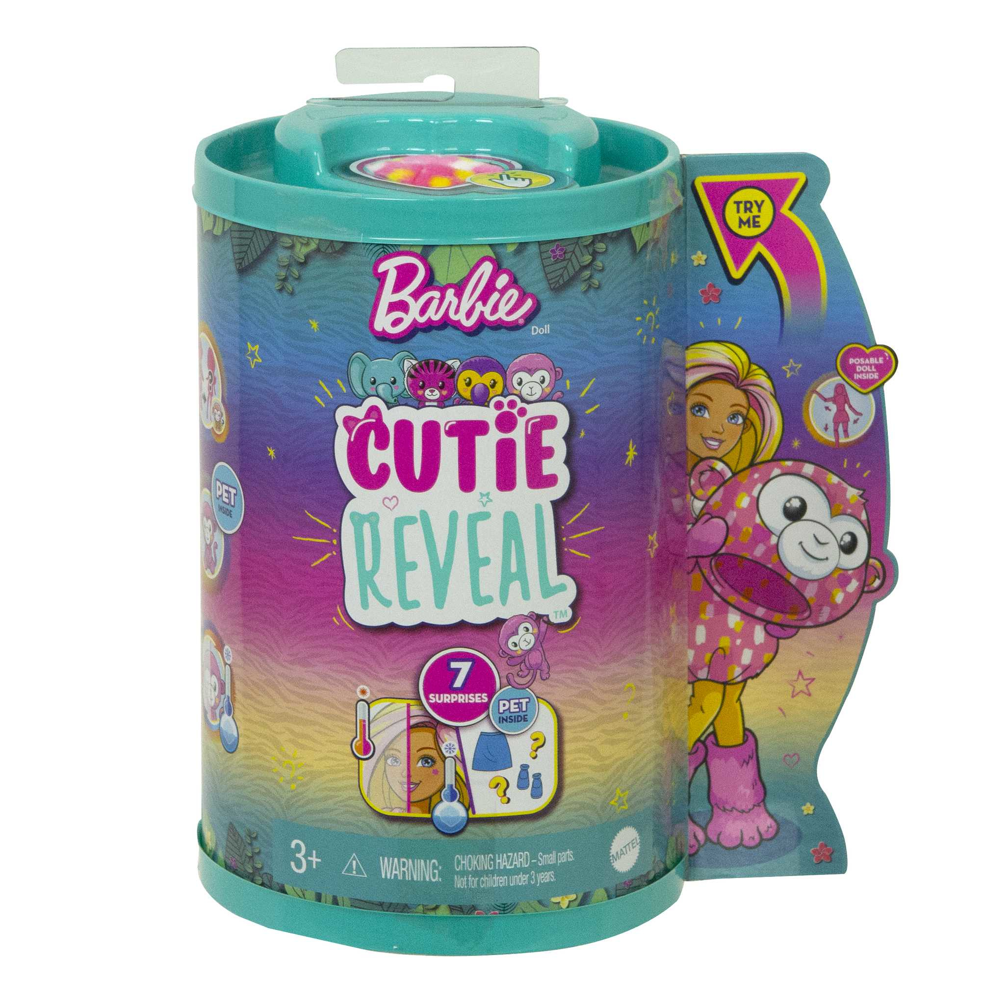 Barbie Cutie Reveal Puppe in zylindrischer Verpackung. Enthält ein Affenkostüm, mit Ausschnitt.