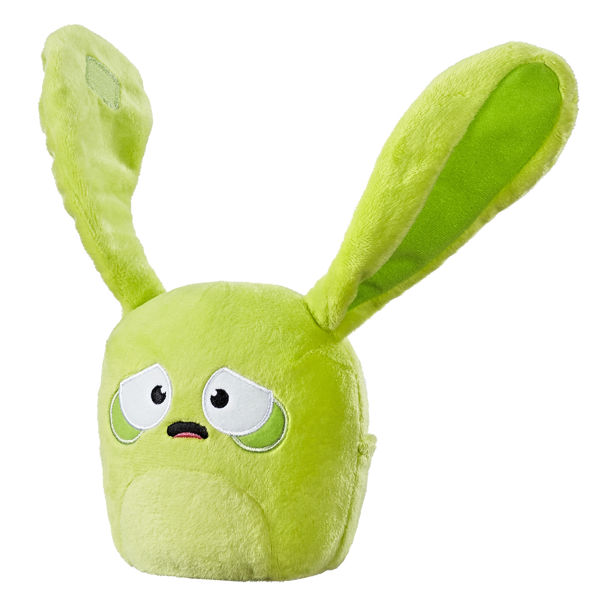 Grüner Ugly Doll mit langen Ohren. Weißer Hintergrund.