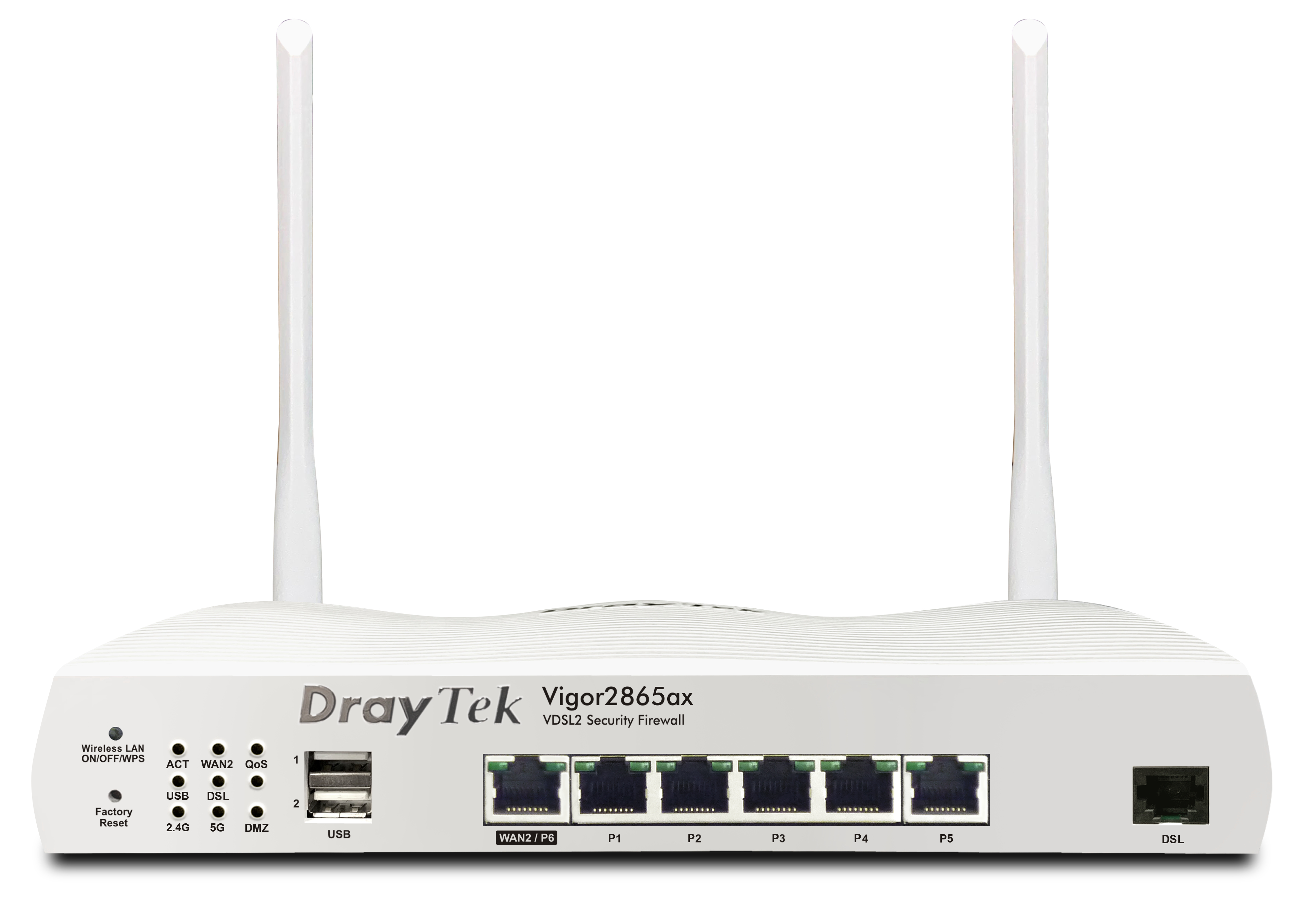 Biały router DrayTek Vigor2865ax z antenami i portami. Białe tło.
