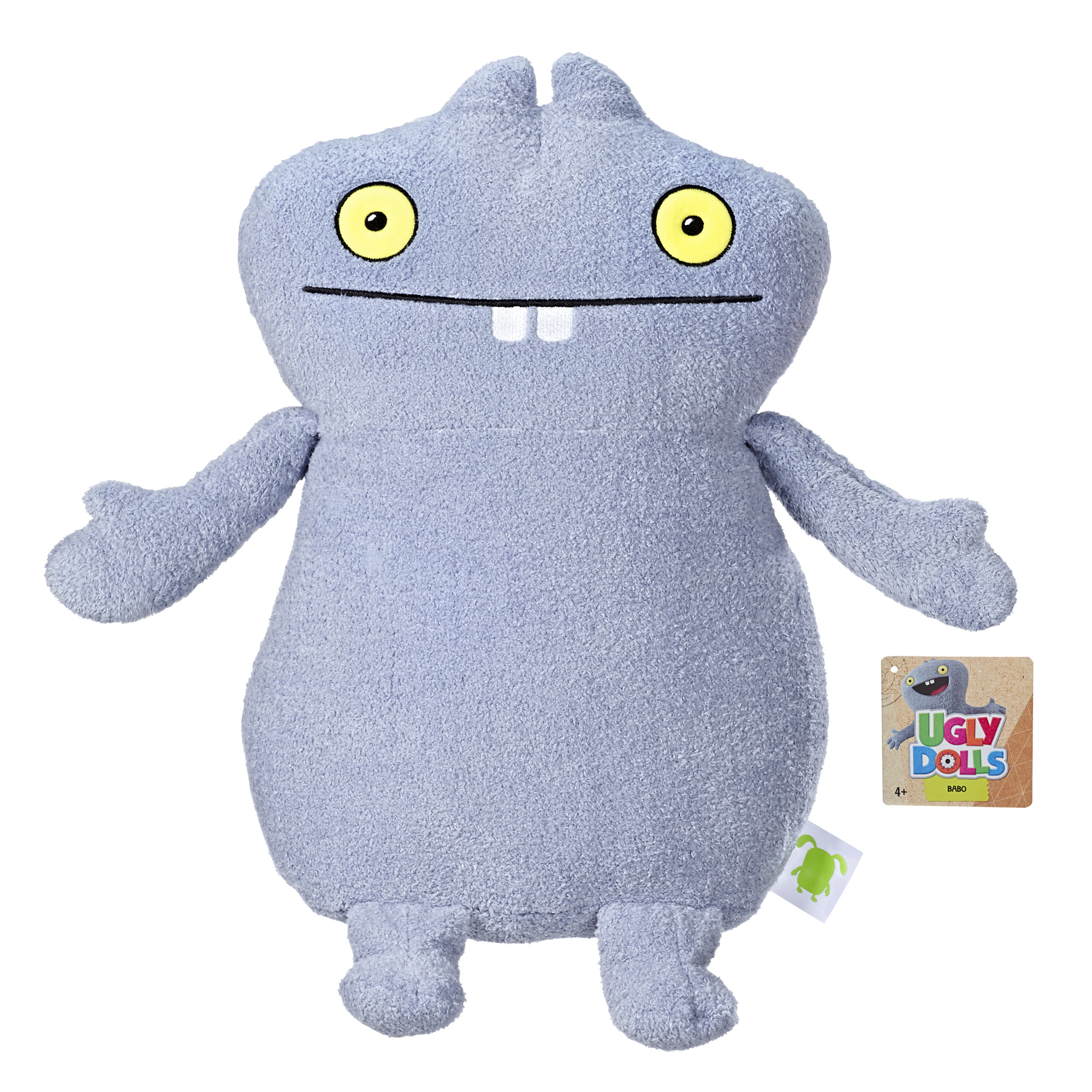 Ugly Dolls Plüschtier, blau, mit Etikett. Weißer Hintergrund.