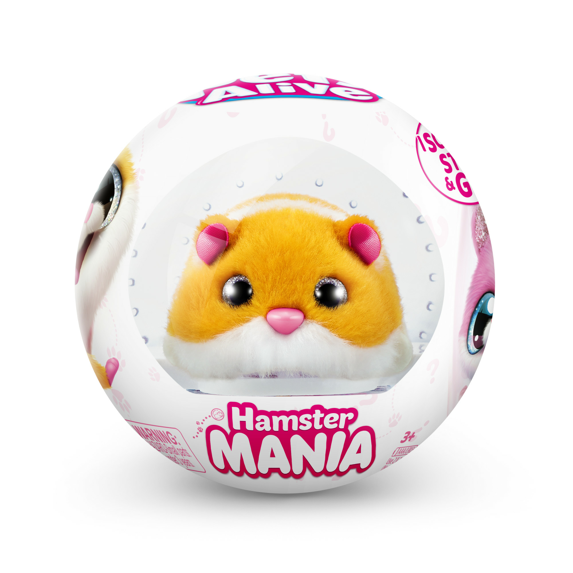 Ein Hamster in einer durchsichtigen Plastikkugel. Der Ball befindet sich in einer größeren Kugel mit Text über Hamster-Manie.