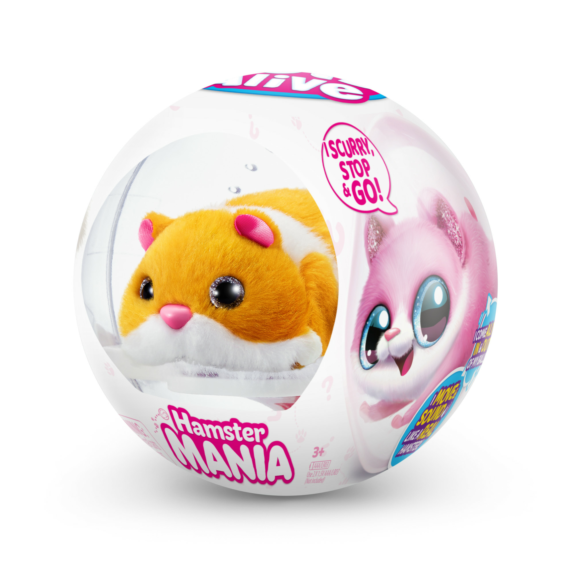 Ein Hamster in einer durchsichtigen Plastikkugel. Der Ball befindet sich in einer größeren Kugel mit Text über Hamster-Manie.