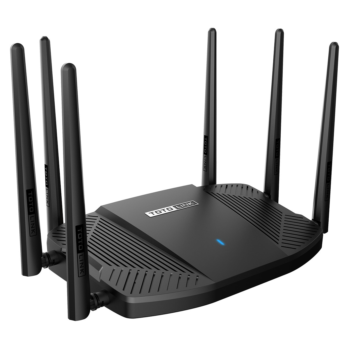 Czarny router TOTO LINK z 6 antenami, na białym tle.