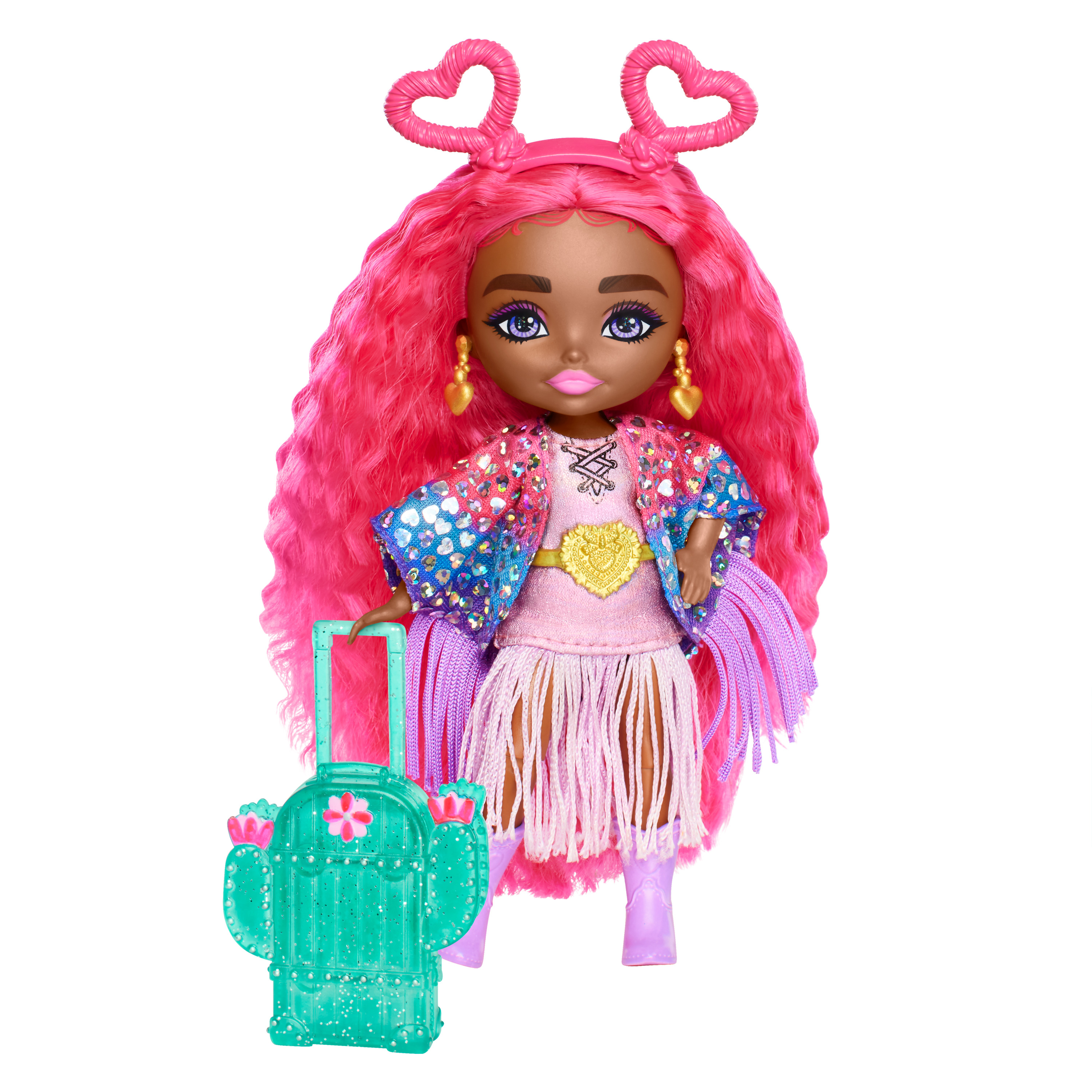 Eine Puppe mit rosa Haaren und einem Kaktus-Koffer. Sie trägt ein rosa Kleid und Stiefel.