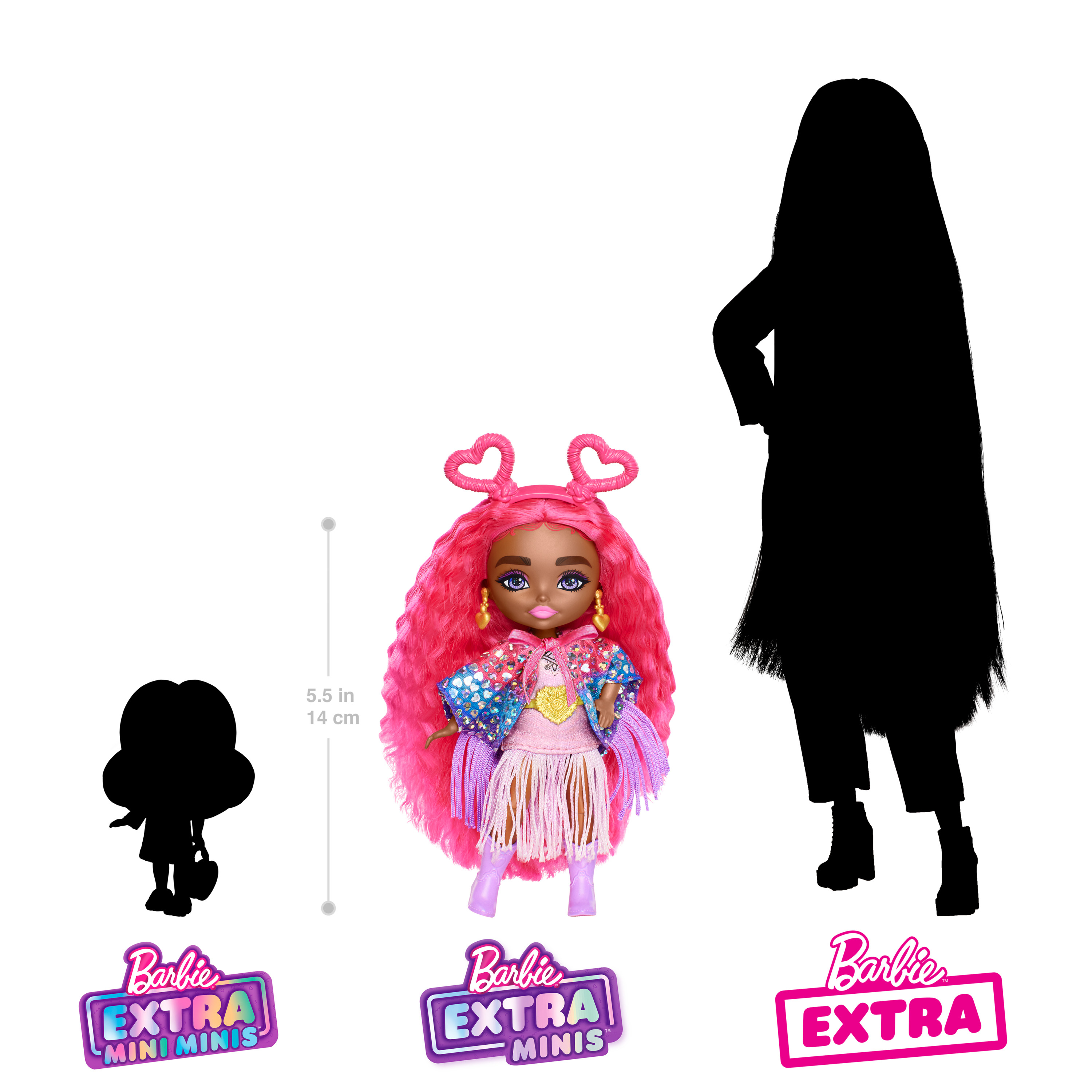 Barbie Extra Minis Puppe mit rosa Haaren und Outfit neben zwei Silhouetten und Produktlogos.