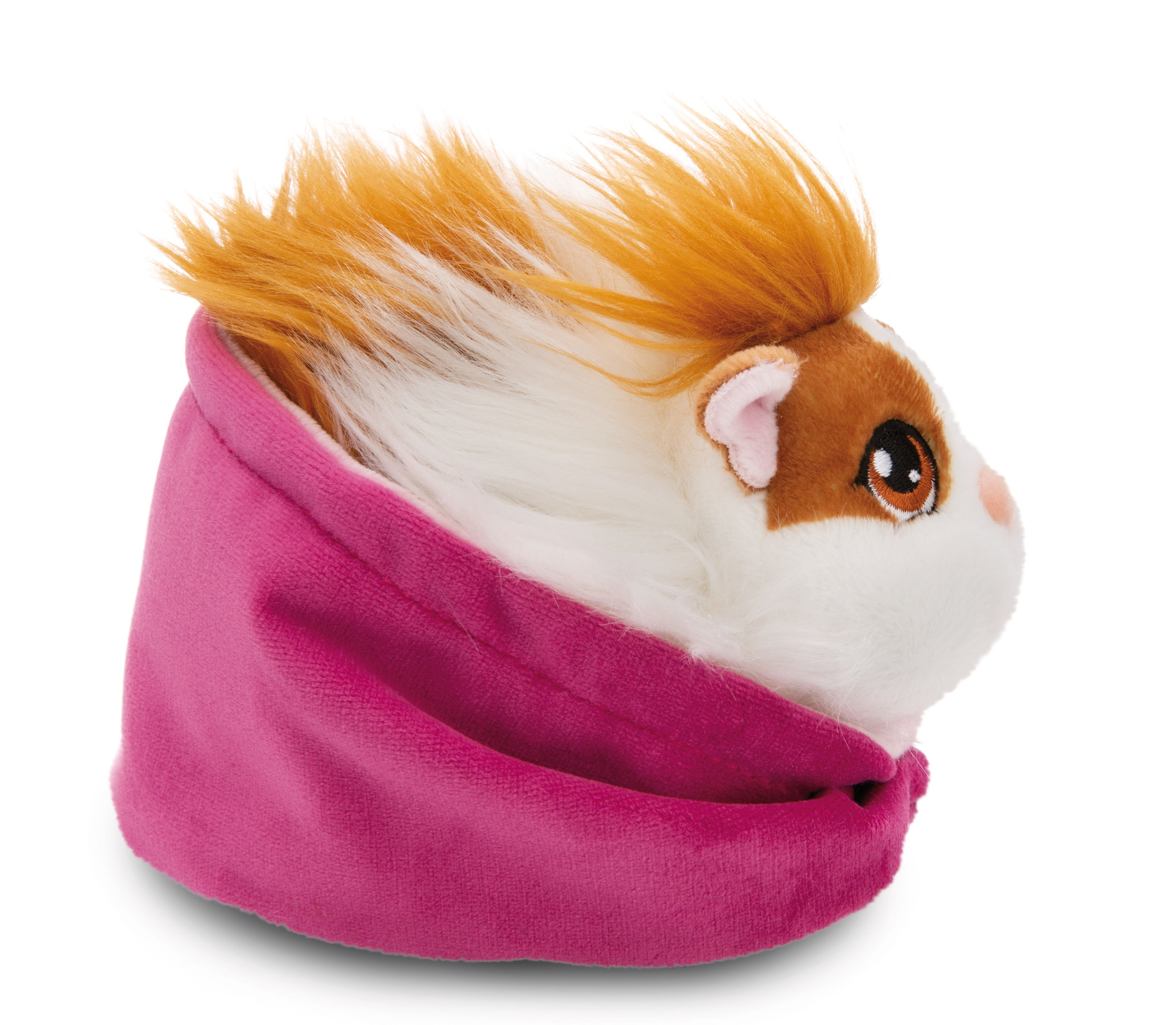 Ein Plüschtier-Meerschweinchen mit orangefarbenem und weißem Fell, das einen rosa Schal trägt.