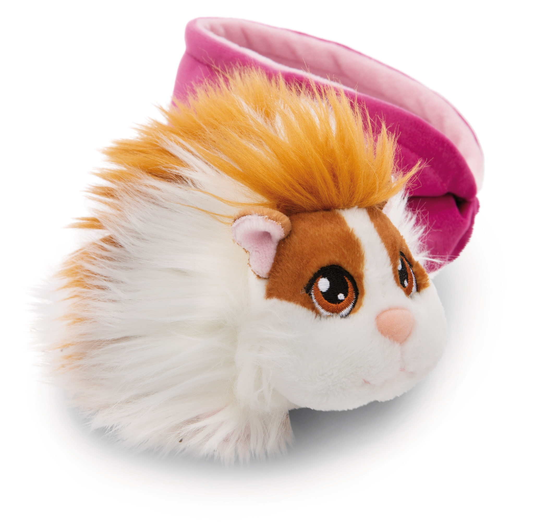 Ein Plüsch-Hamsterkopf mit orangefarbenem und weißem Fell, der ein pinkfarbenes Stirnband trägt.