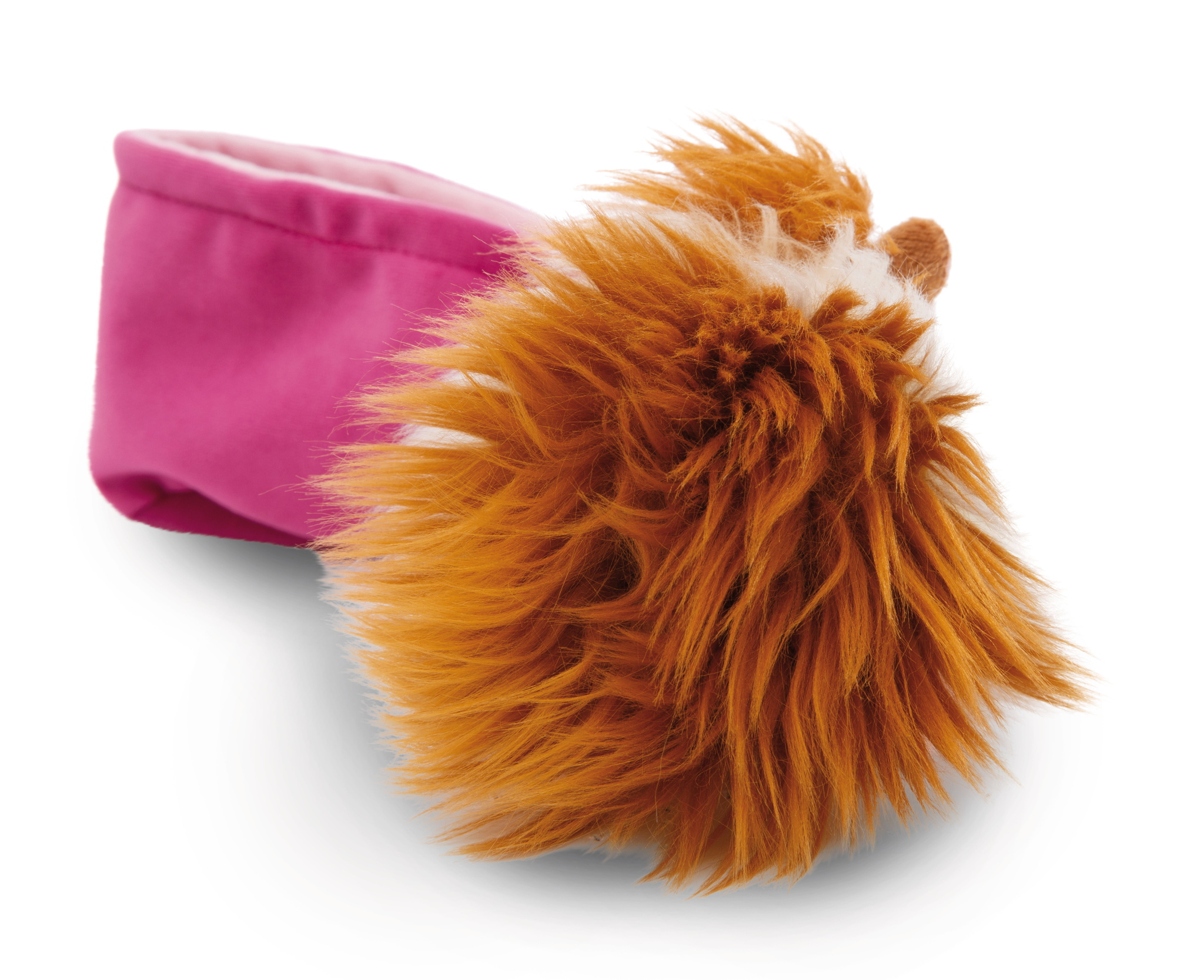 Ein rosa, flauschiger Artikel, möglicherweise ein Stiefel, mit orangefarbenem Fellbesatz.
