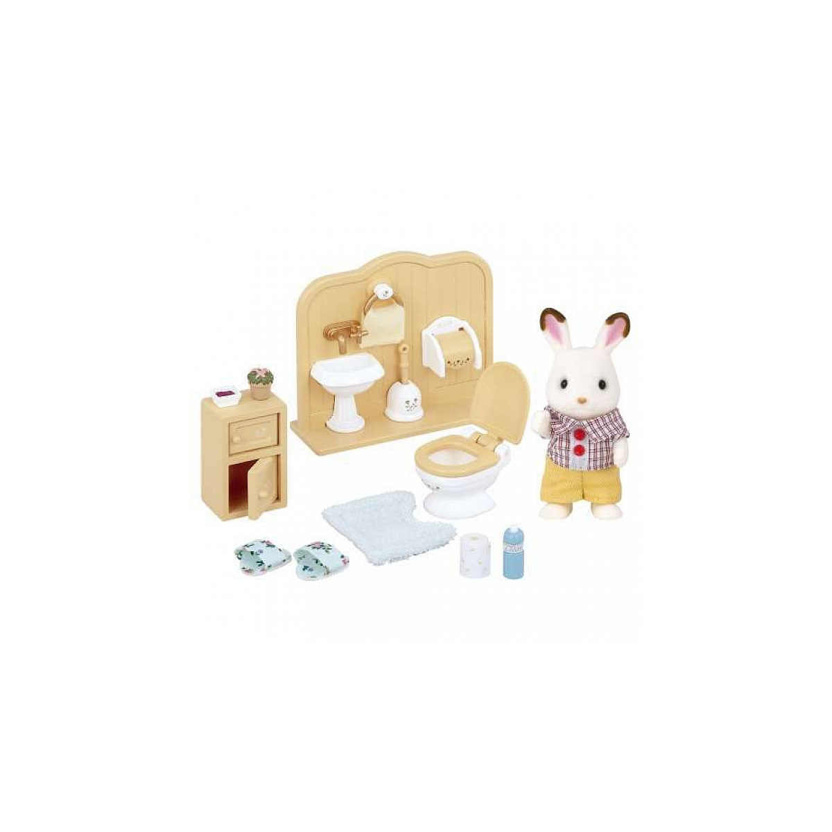 Set bagno con figura di coniglietto, toilette, lavandino, armadietto e accessori, su sfondo bianco.