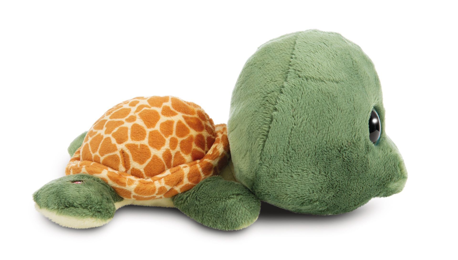 Tartaruga di peluche verde con guscio marrone, sdraiata su sfondo bianco.