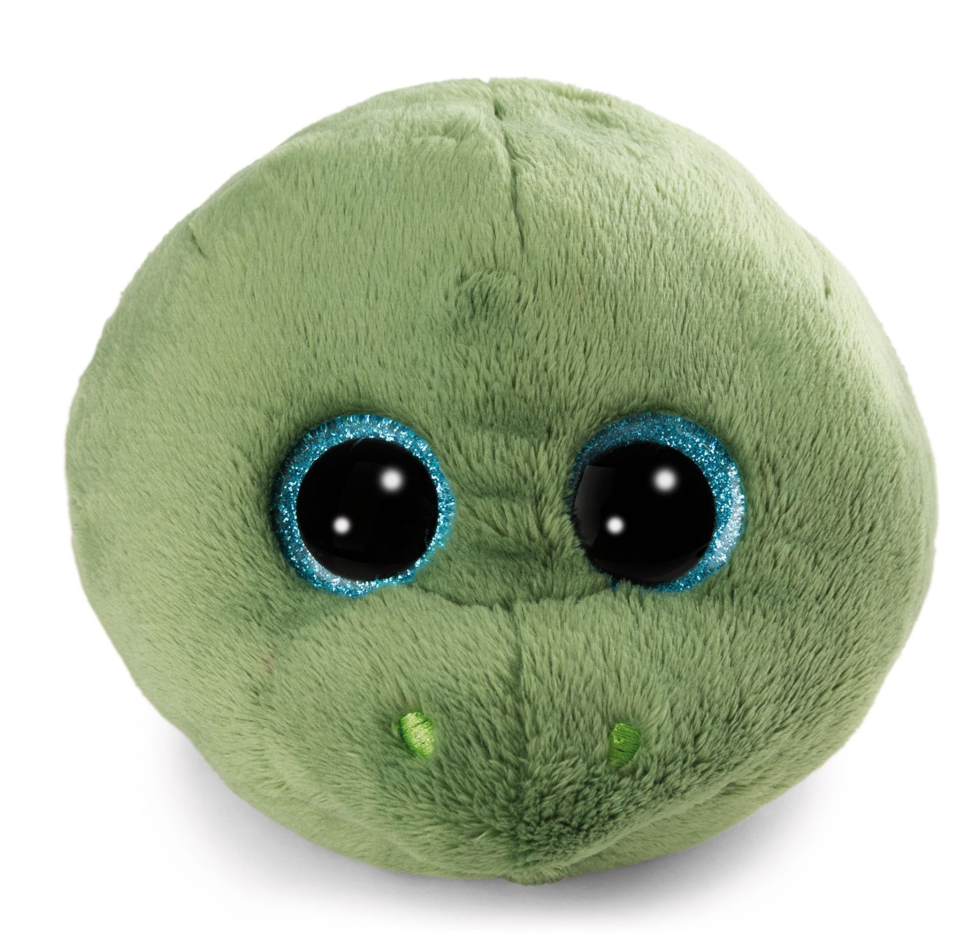 Una testa di bambola di peluche verde con grandi occhi blu glitterati.