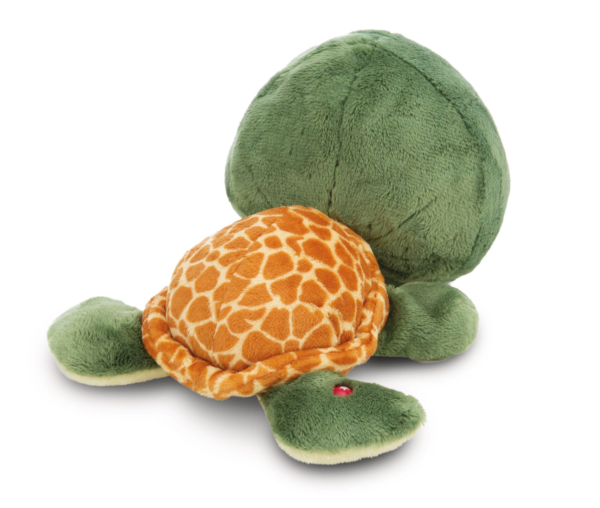 Giocattolo tartaruga di peluche verde con guscio arancione fantasia, sdraiato sulla schiena.