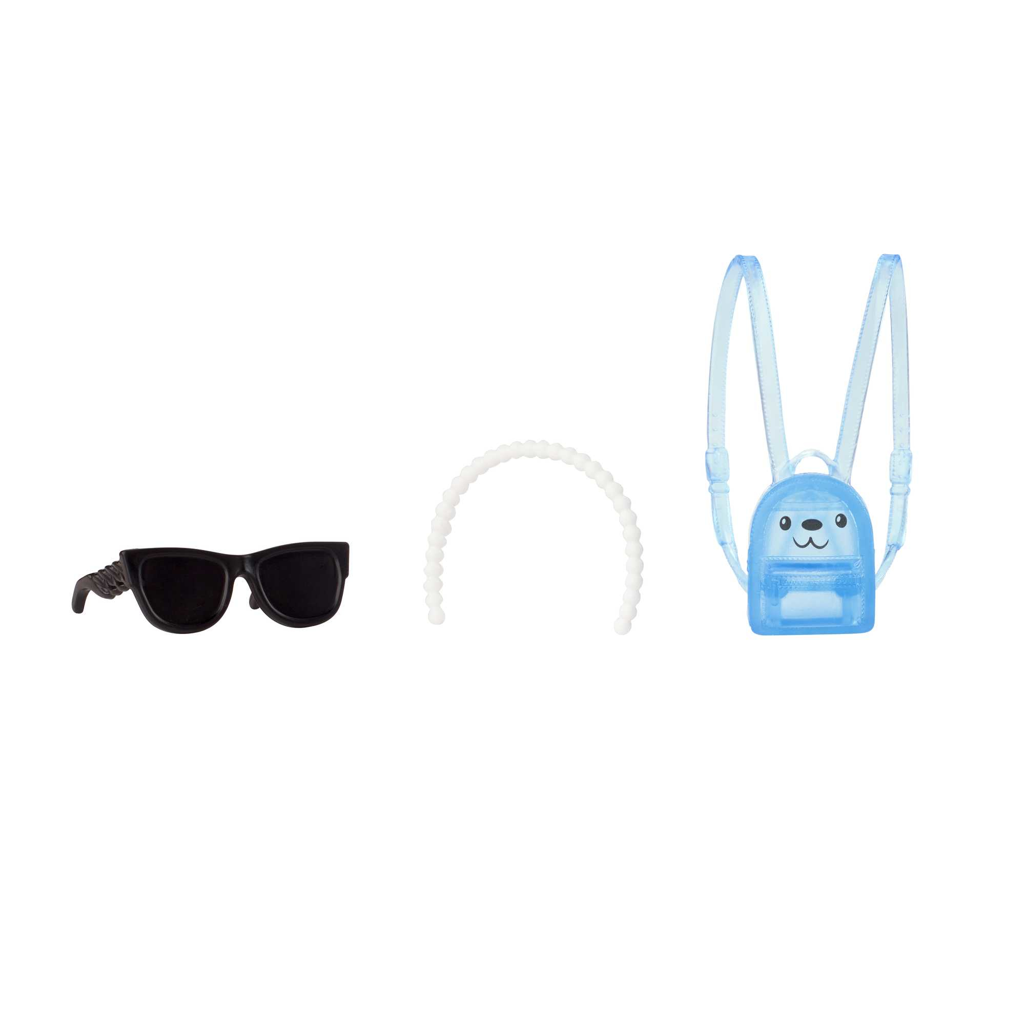 Zubehörset: Sonnenbrille, ein Stirnband und ein blauer Rucksack mit einem lächelnden Gesicht.