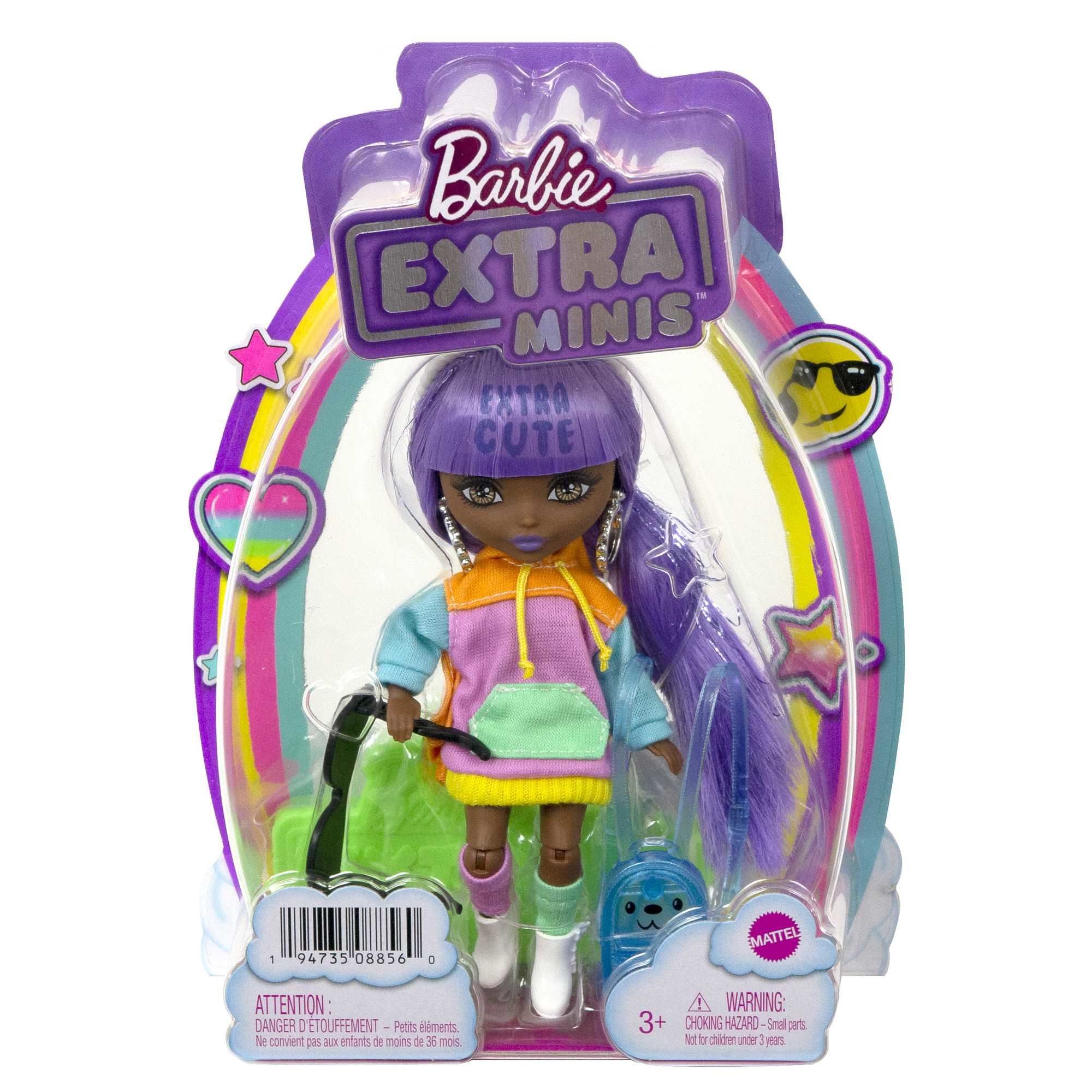 Barbie Extra Minis Puppe in Verpackung. Sie hat lila Haare und trägt bunte Mode.