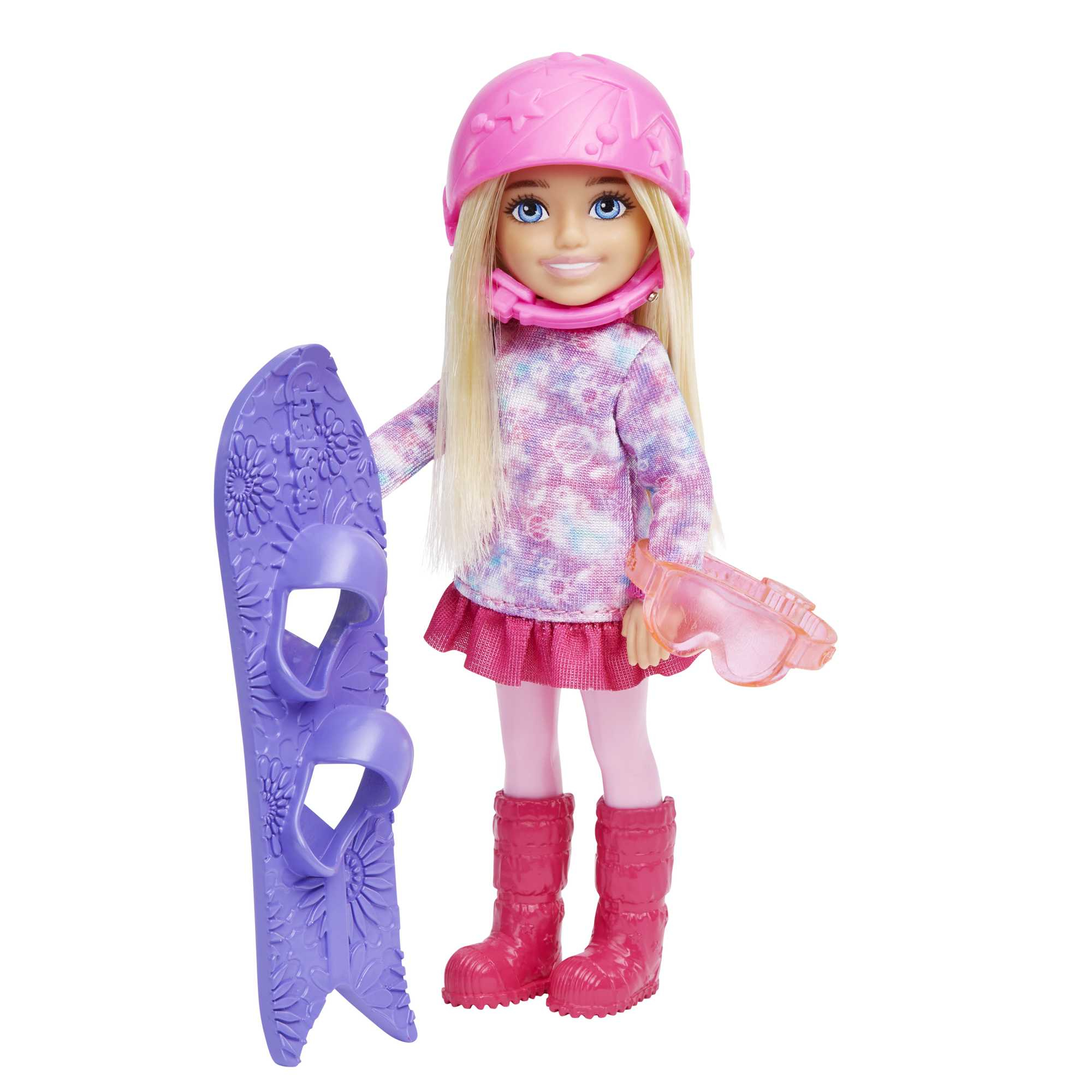 Puppe mit rosa Helm, hält ein lila Snowboard und eine Brille.