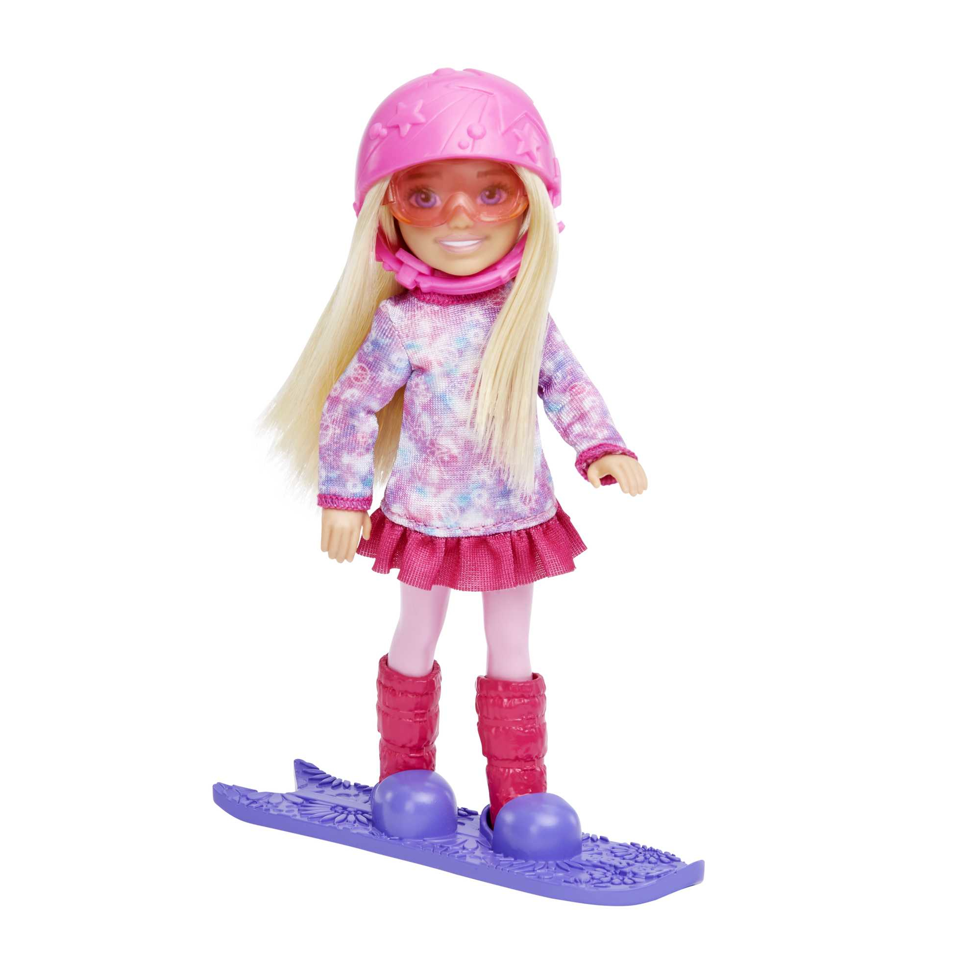 Puppe mit rosa Helm und Brille auf einem lila Snowboard.