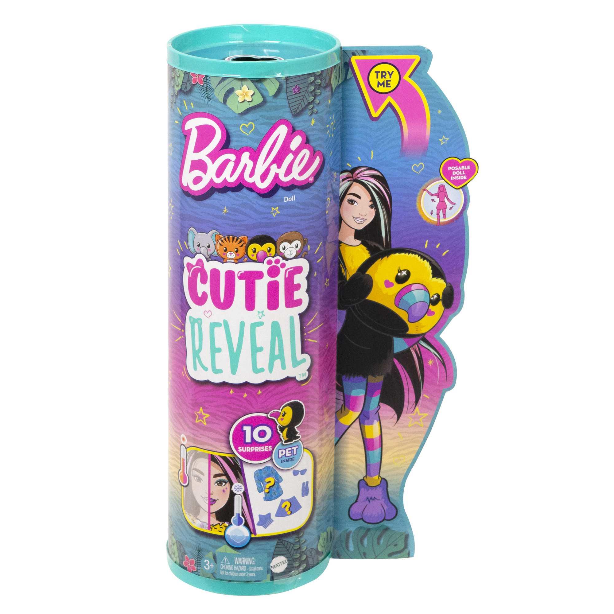 Barbie Cutie Reveal Puppenverpackung. Zeigt Puppe im Tierkostüm, mit Zubehör und Textbeschreibung.