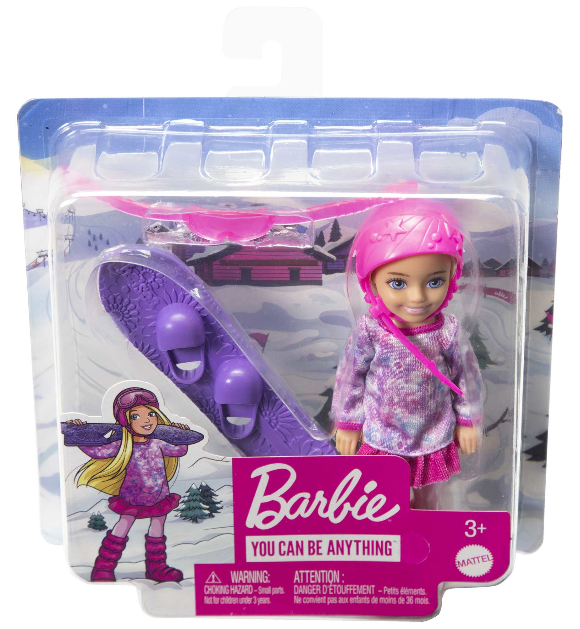 Barbie-Puppe in Verpackung, mit Snowboard und rosa Helm.