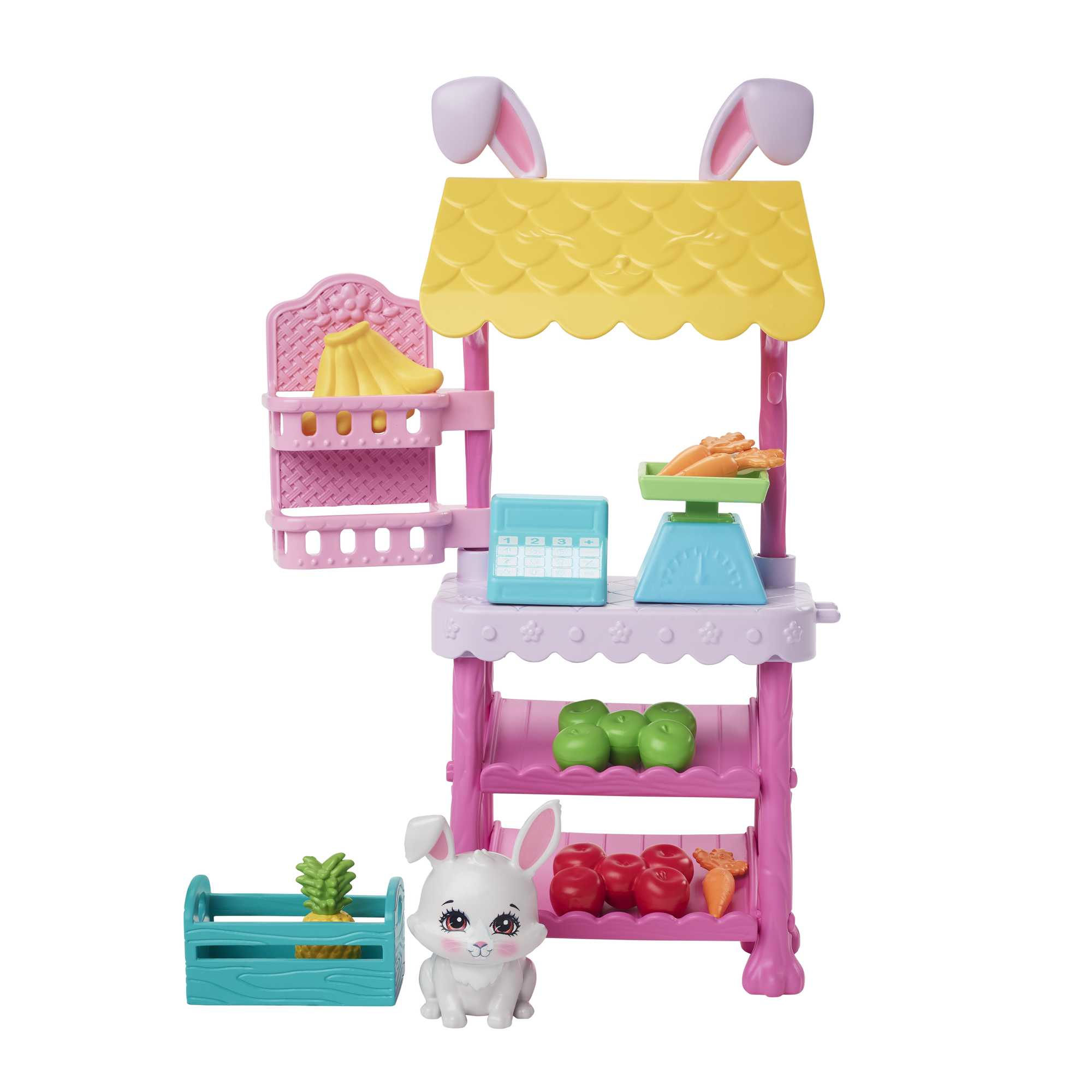 Spielzeug-Marktstand mit Hasen. Enthält eine Puppe, Regale und Spielzeug-Lebensmittel.