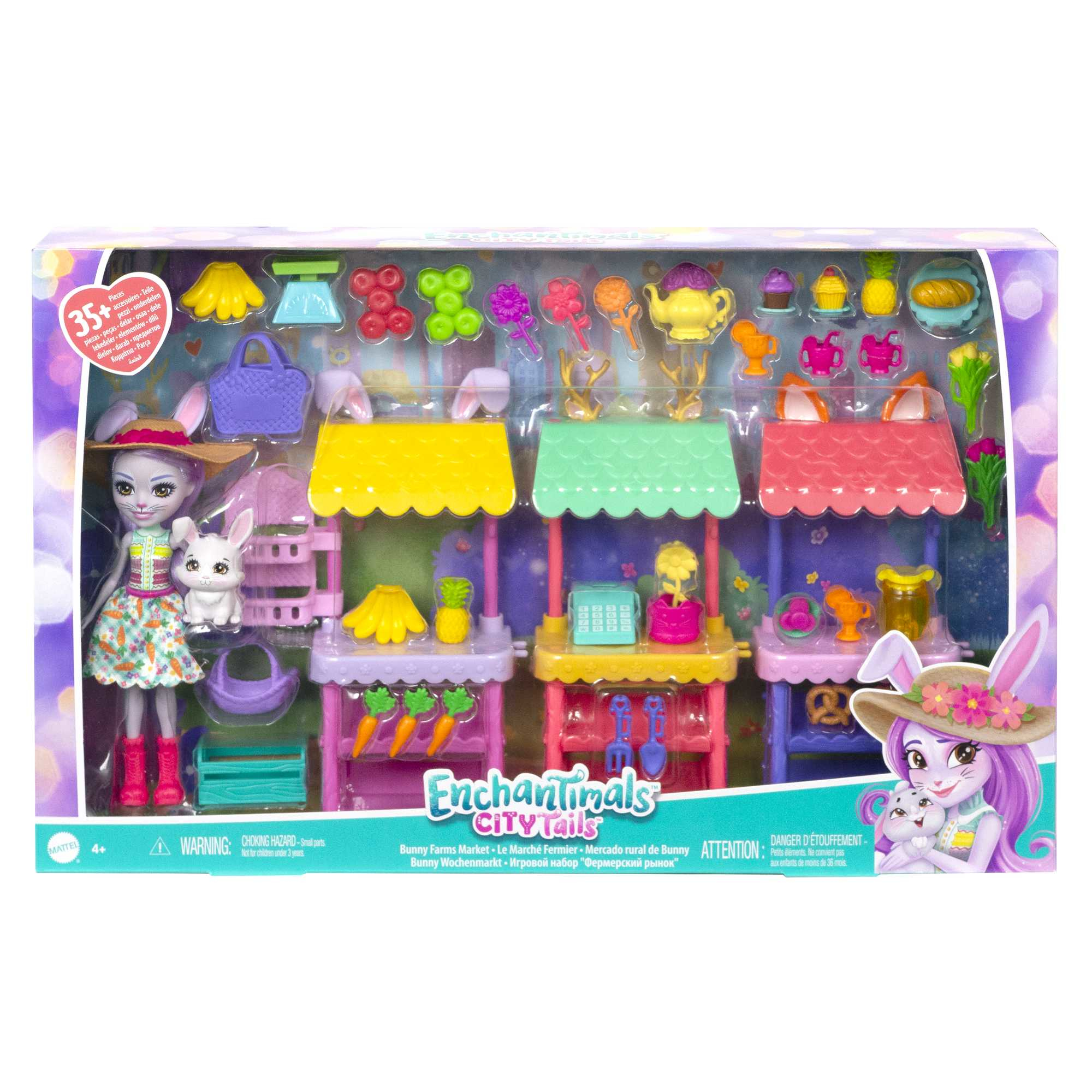 Enchantimals Spielzeugset mit Puppen und Marktständen. Enthält Puppen, Hasen und Essen.