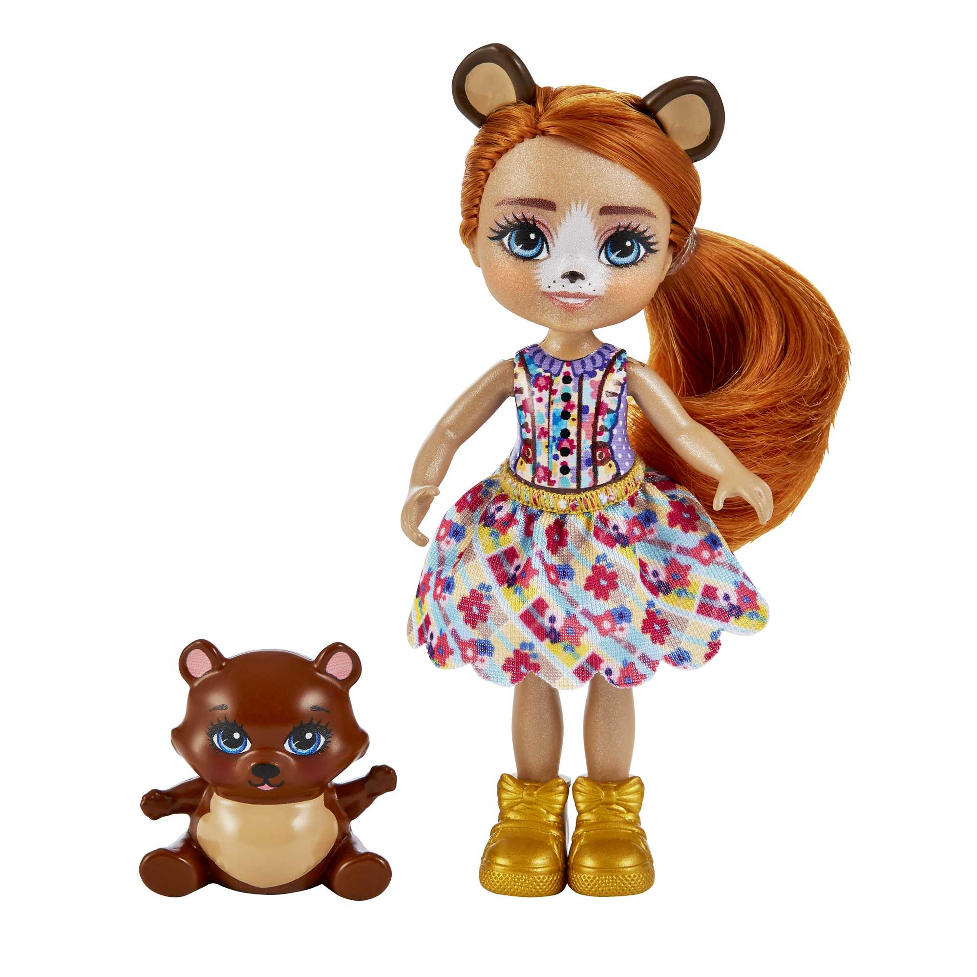 Eine Enchantimals-Puppe und ihr Tierfreund. Die Puppe hat rötliches Haar und ein bemaltes Gesicht.