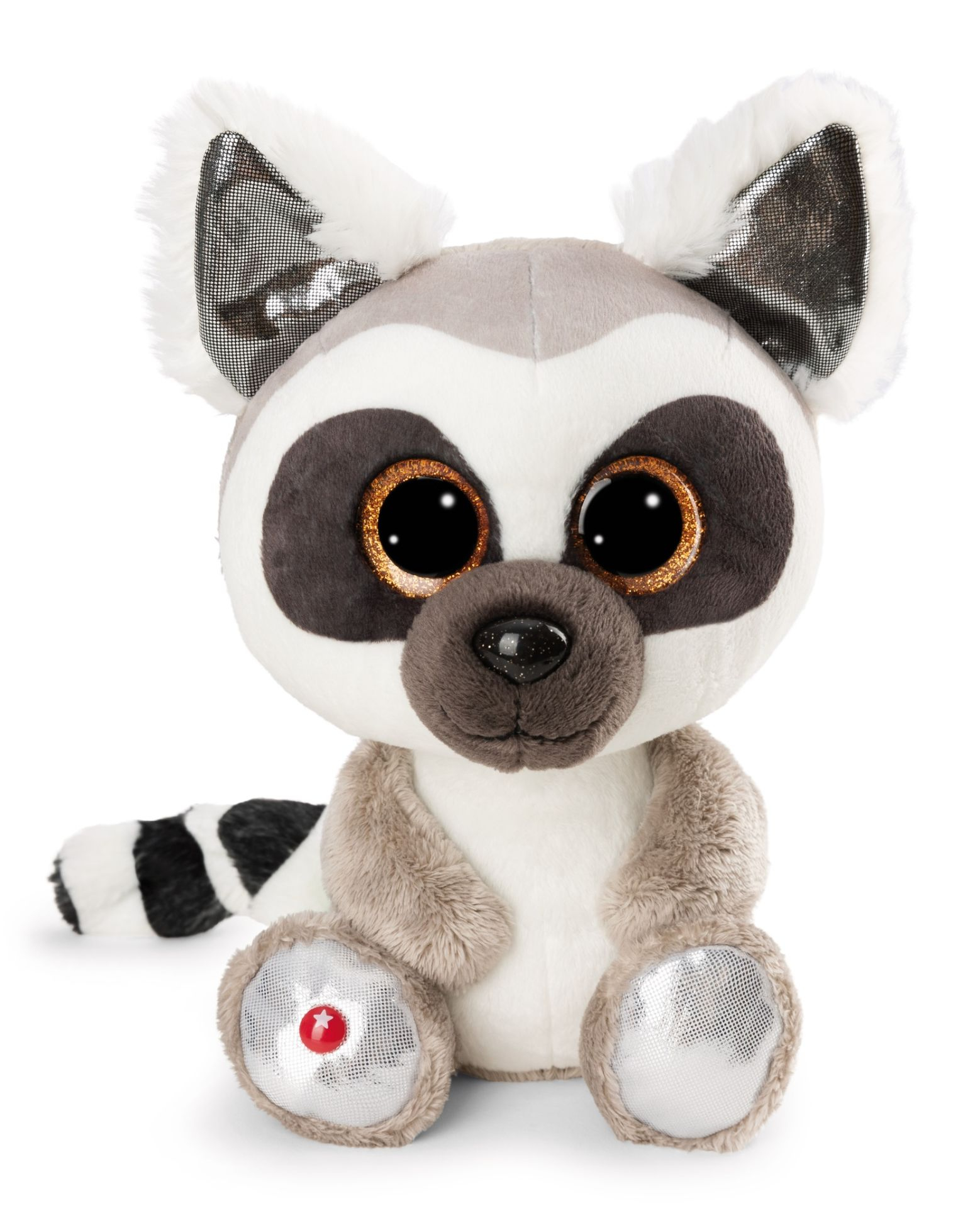 Ein Plüschtier-Lemur sitzt. Es hat große Augen, einen geringelten Schwanz und einen weißen Hintergrund.