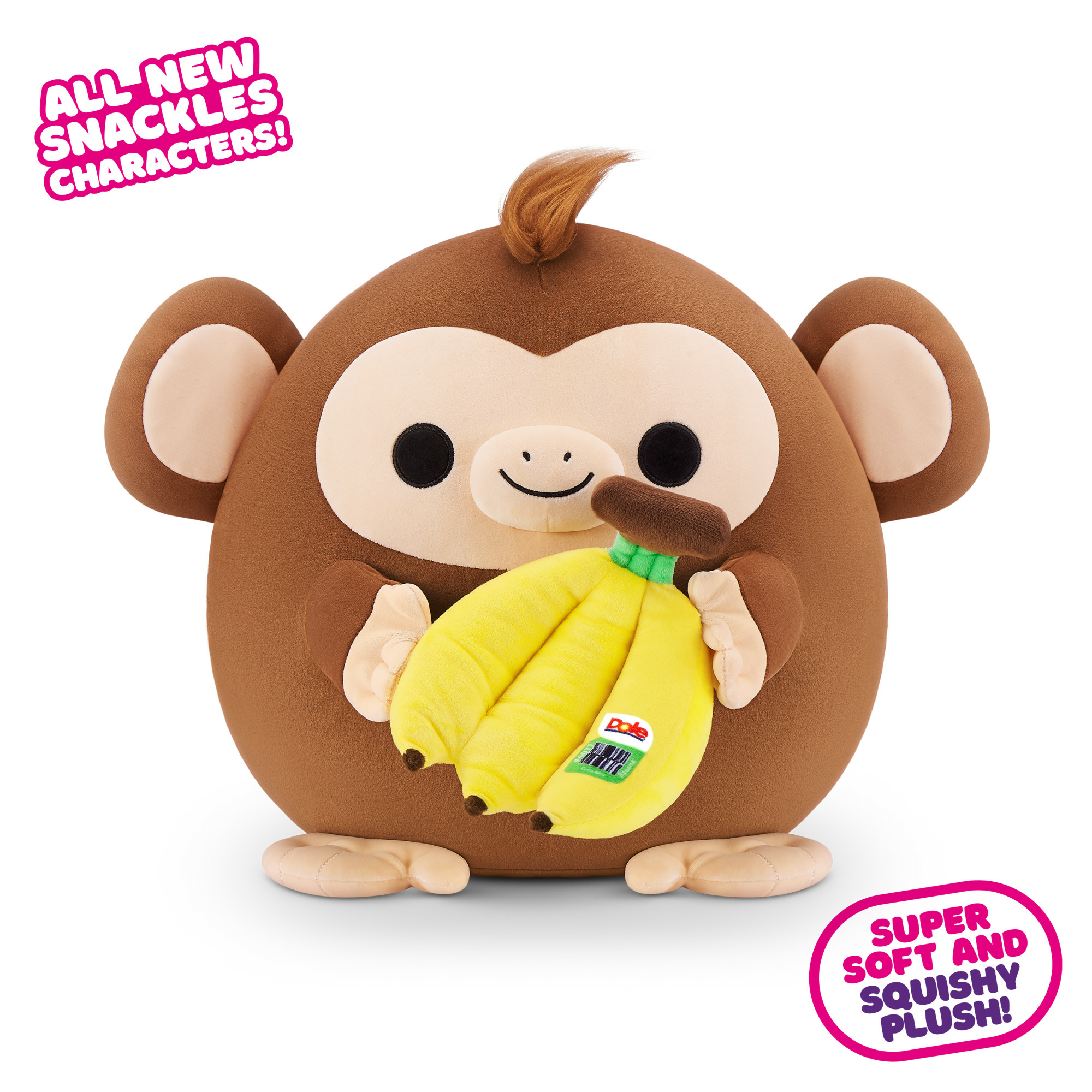 Ein braunes Affen-Stofftier, das eine Banane mit Dole-Aufkleber hält.