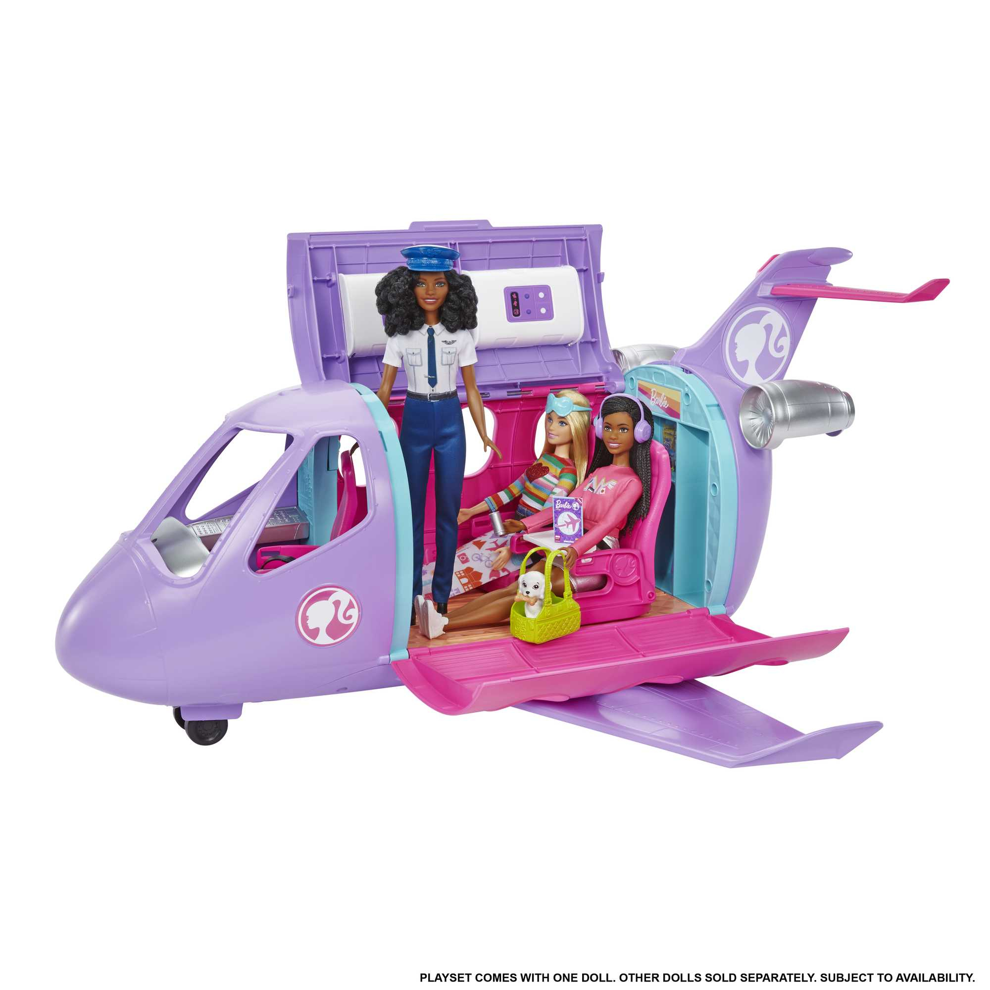 Barbie-Flugzeug-Spielset mit drei Puppen. Das Flugzeug ist lila und weiß mit offenen Abschnitten.