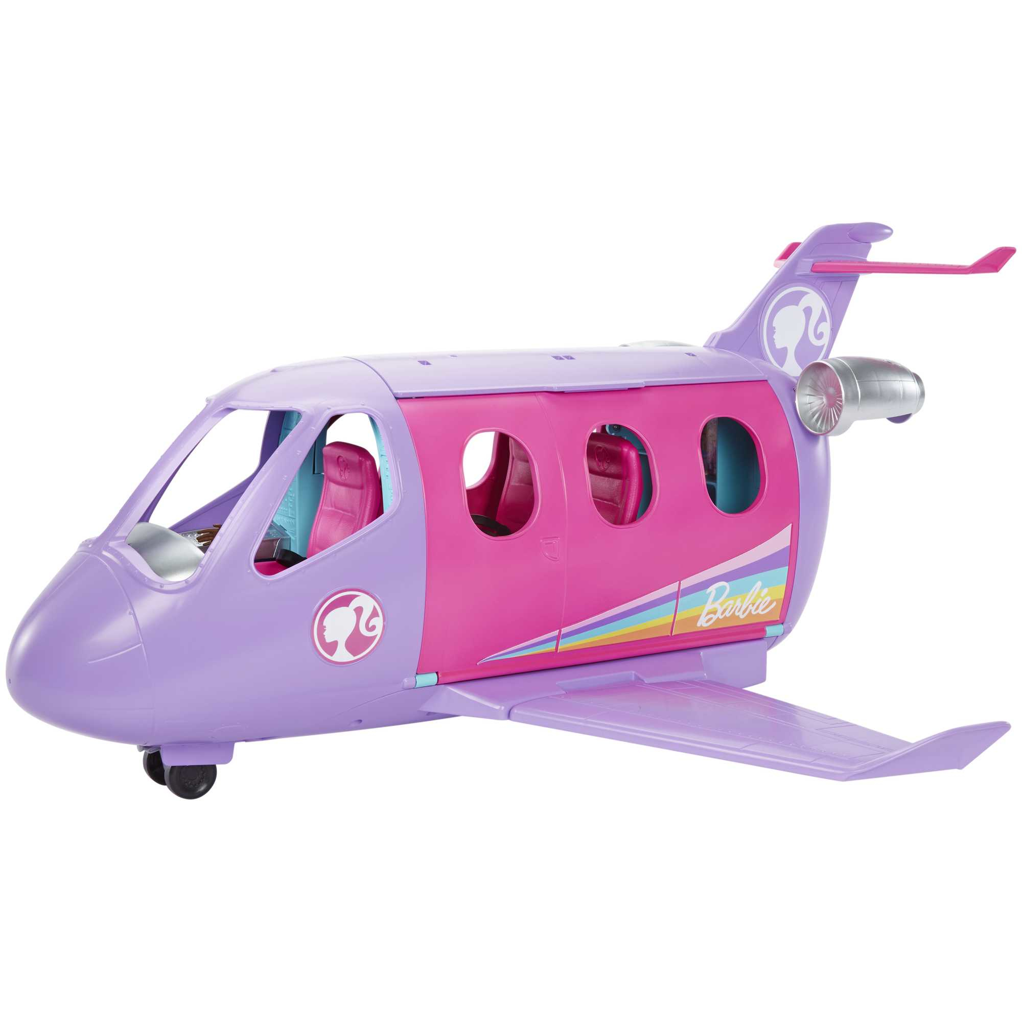 Pink-lila Barbie-Flugzeugspielzeug mit einer Barbie-Puppe im Cockpit.