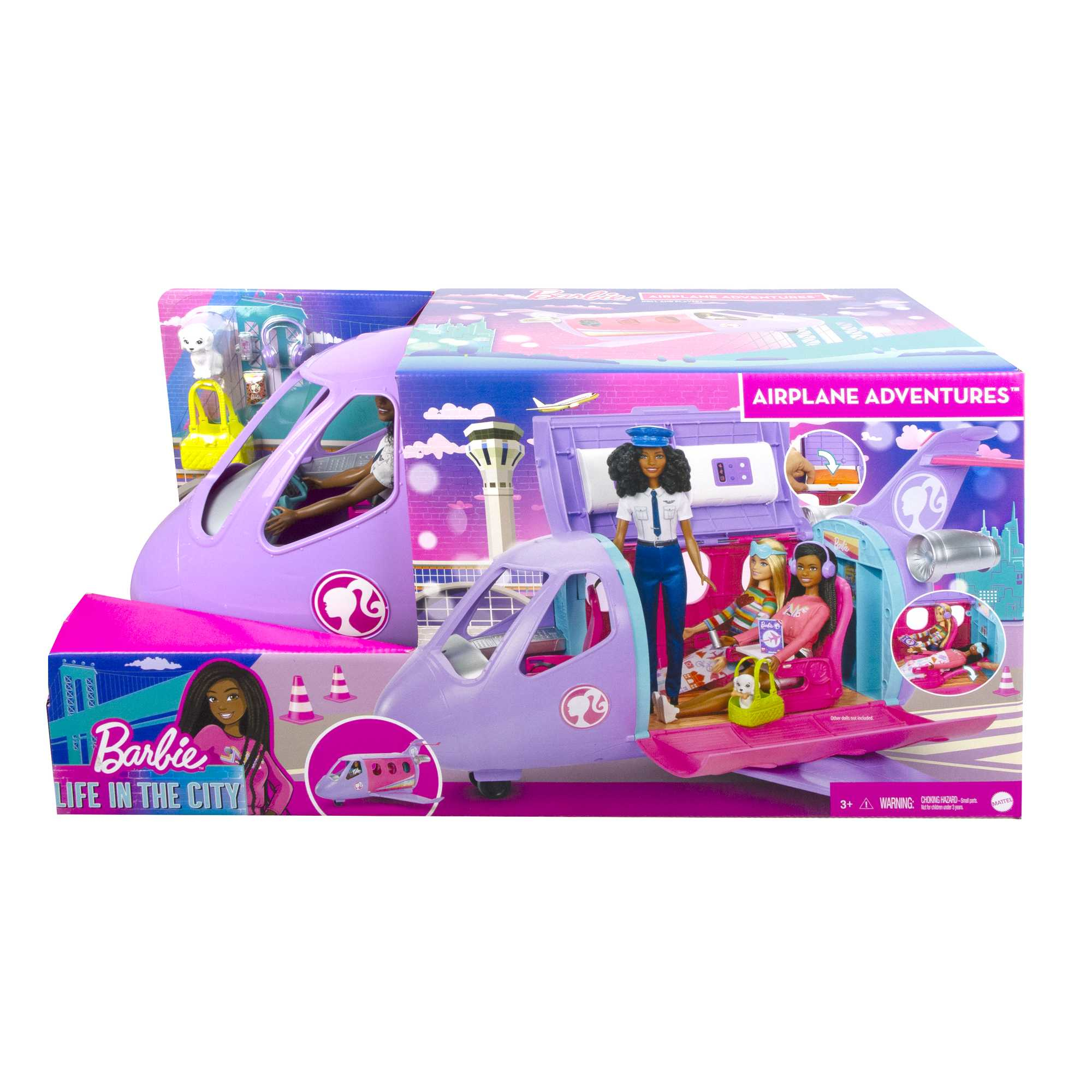 Barbie Life in the City Flugzeug-Spielset mit drei Puppen und Zubehör. Die Box ist im Vordergrund.