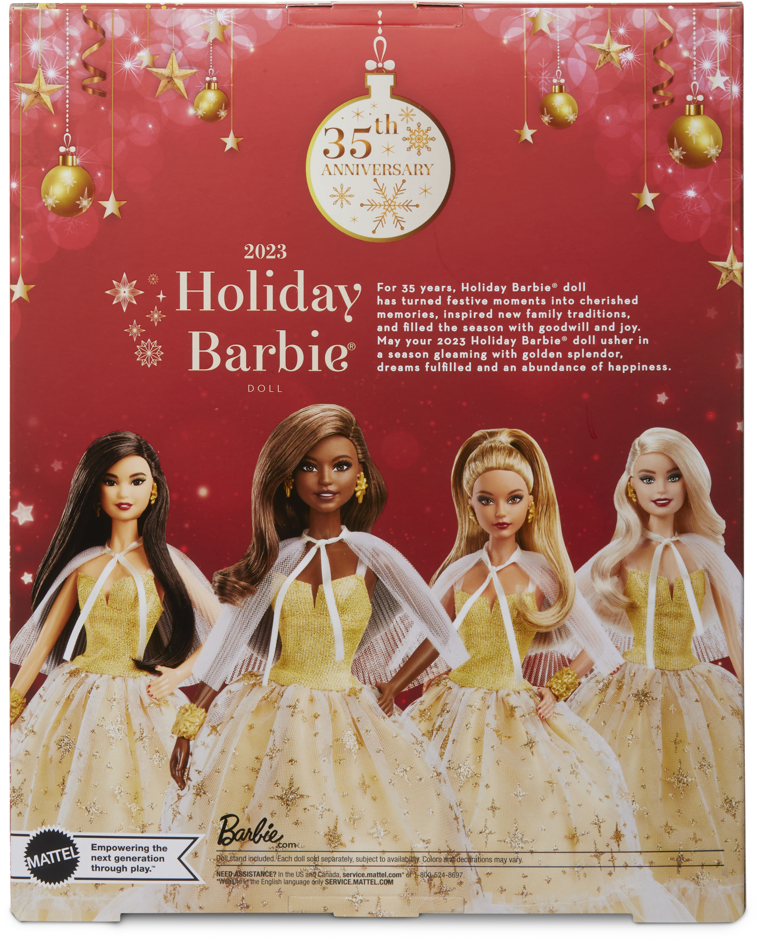Tył pudełka z czterema lalkami Holiday Barbie w złotych sukniach i logo 35-lecia.