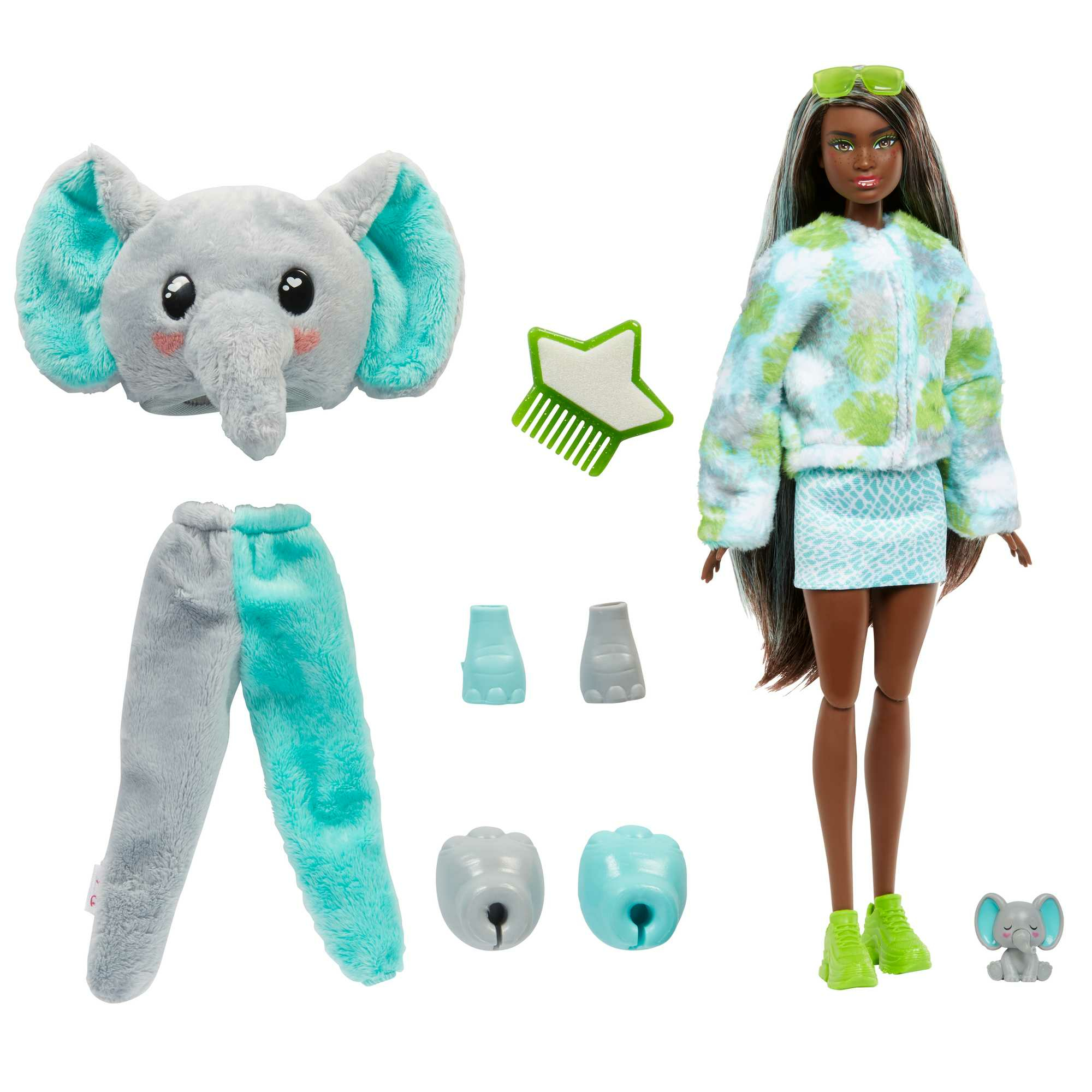 Eine Puppe mit einem Elefanten-Kopfteil, die ein blau-graues Outfit und eine Sonnenbrille trägt.