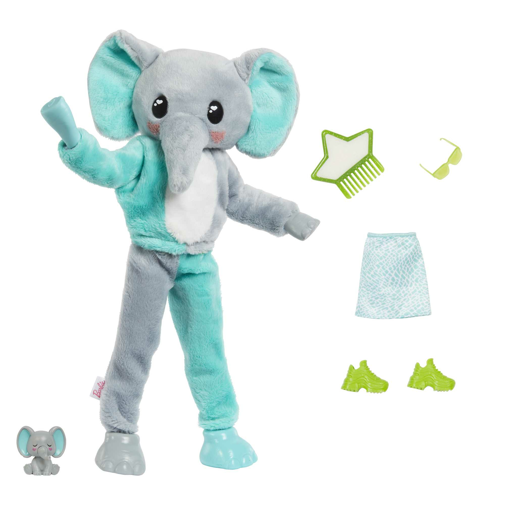 Barbie-Elefantenpuppe mit Zubehör: Kamm, Sonnenbrille, Rock, Schuhe und ein Mini-Elefant.