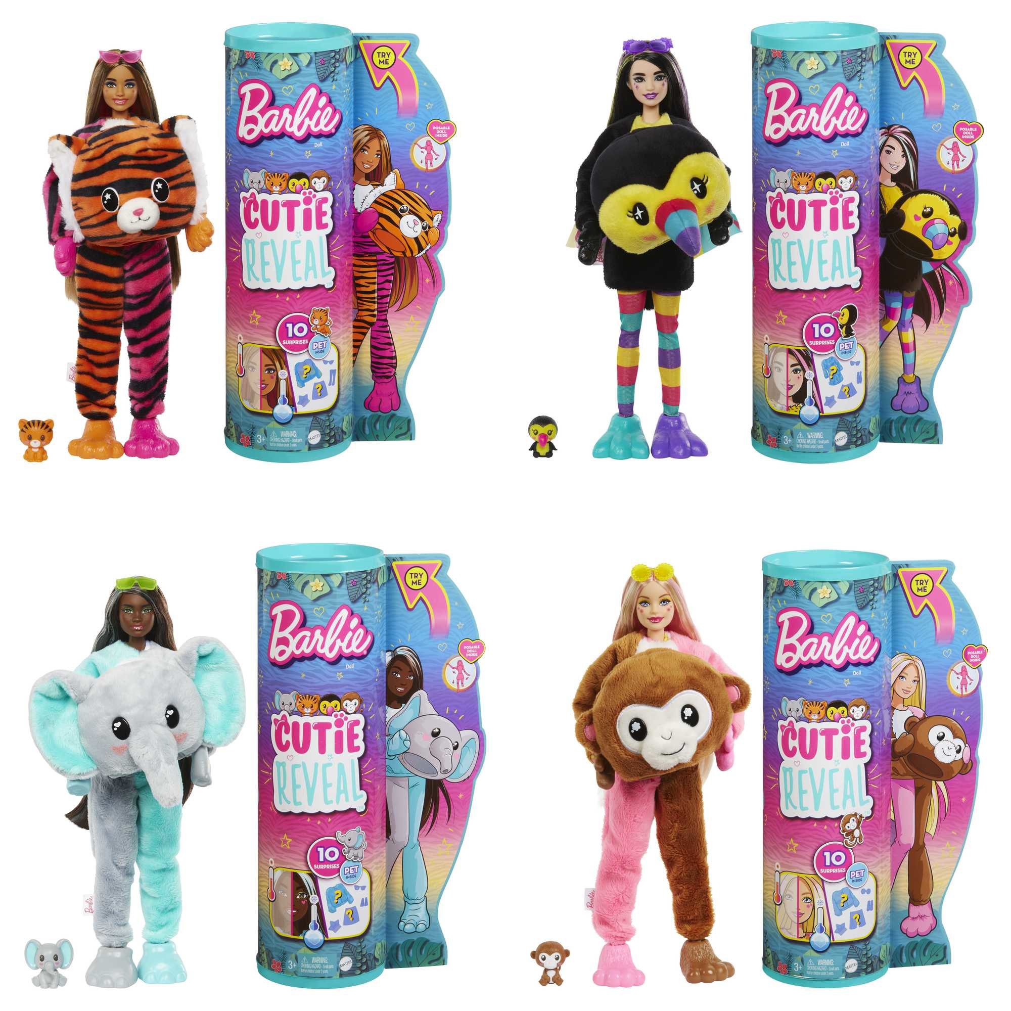 Wiele pudełek Barbie Cutie Reveal z lalkami i akcesoriami.