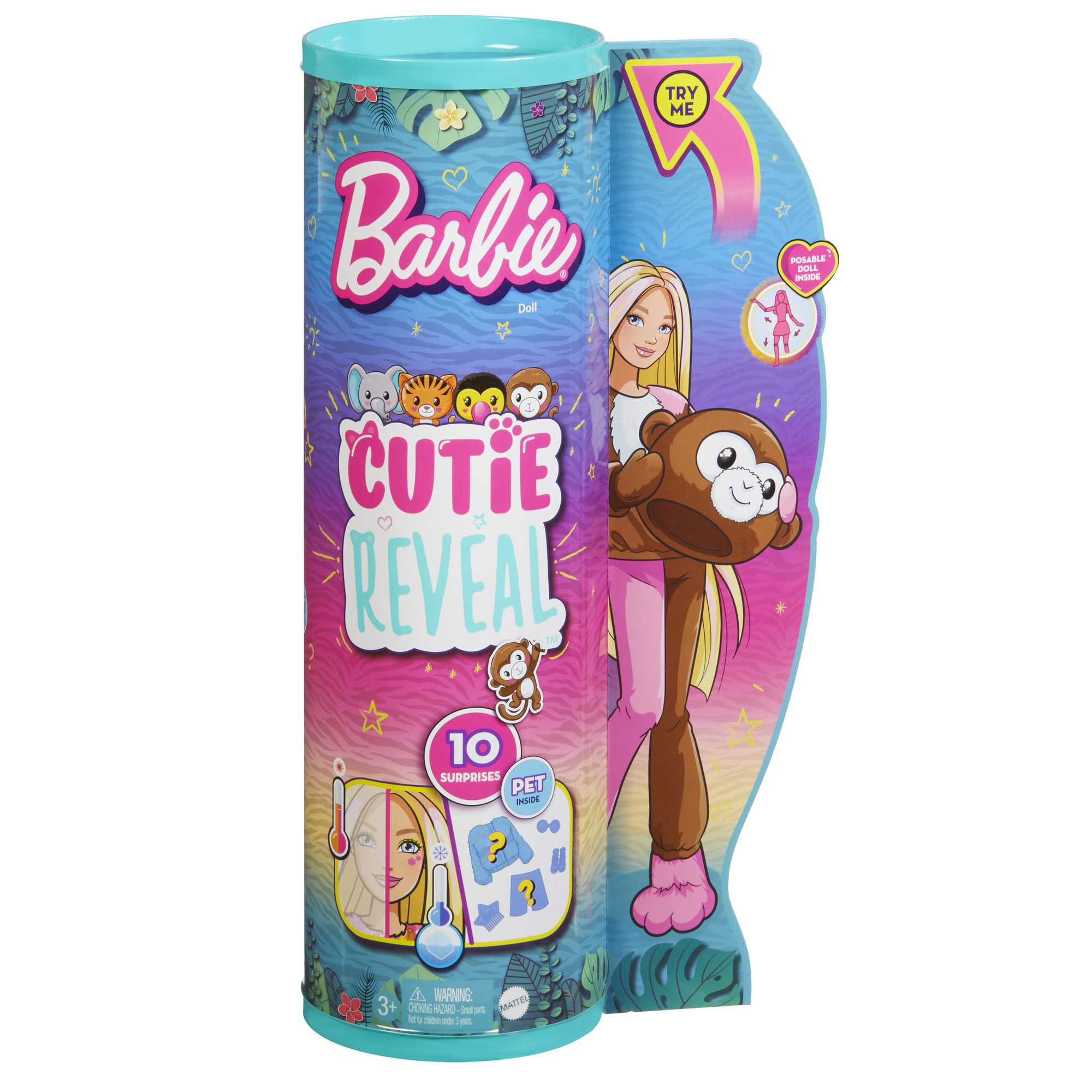 Opakowanie zabawki Barbie Cutie Reveal. Pokazuje lalkę w kostiumie i cylindryczne opakowanie.
