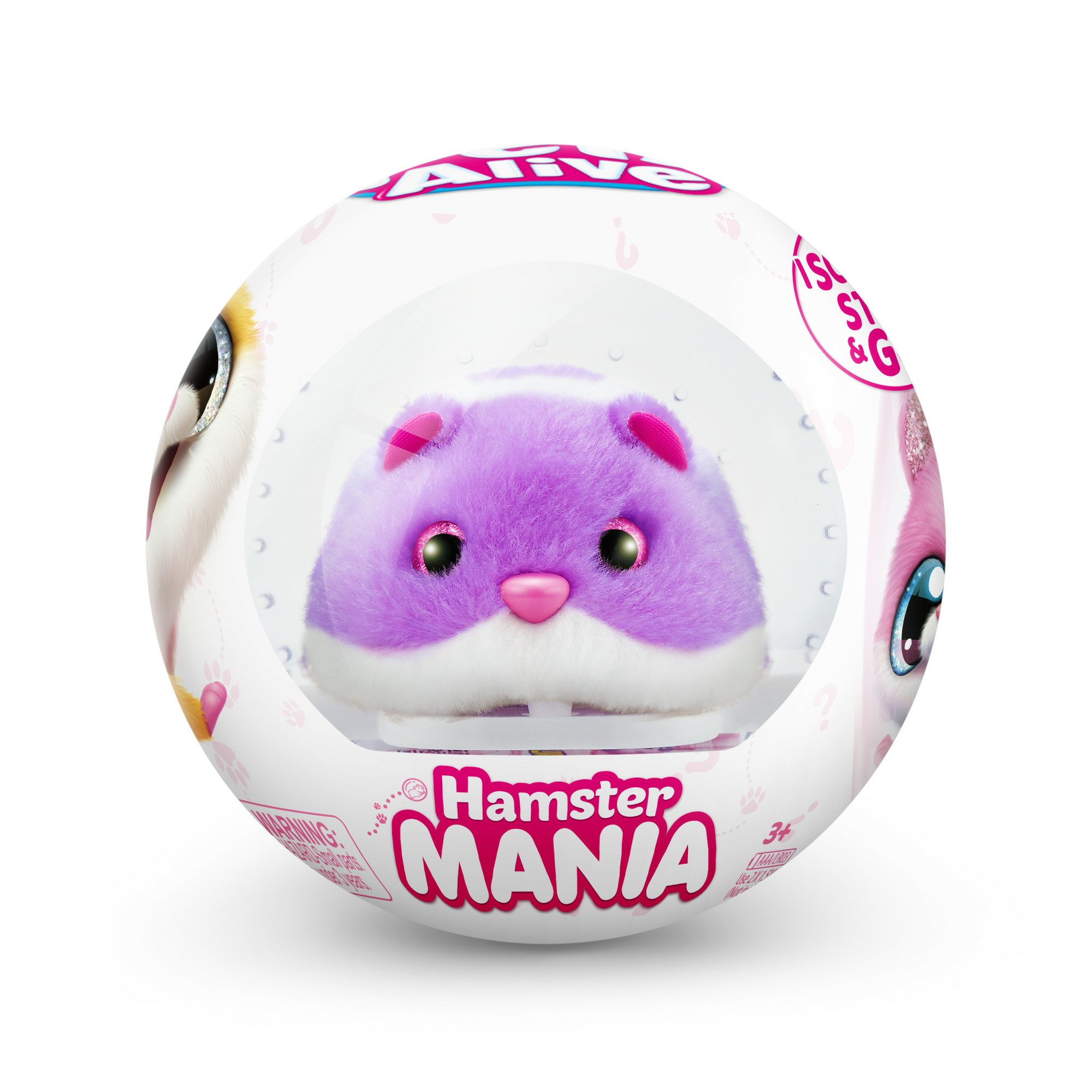 Ein lila Hamsterspielzeug in einem durchsichtigen Kunststoffbehälter mit einem weißen und rosa Etikett.