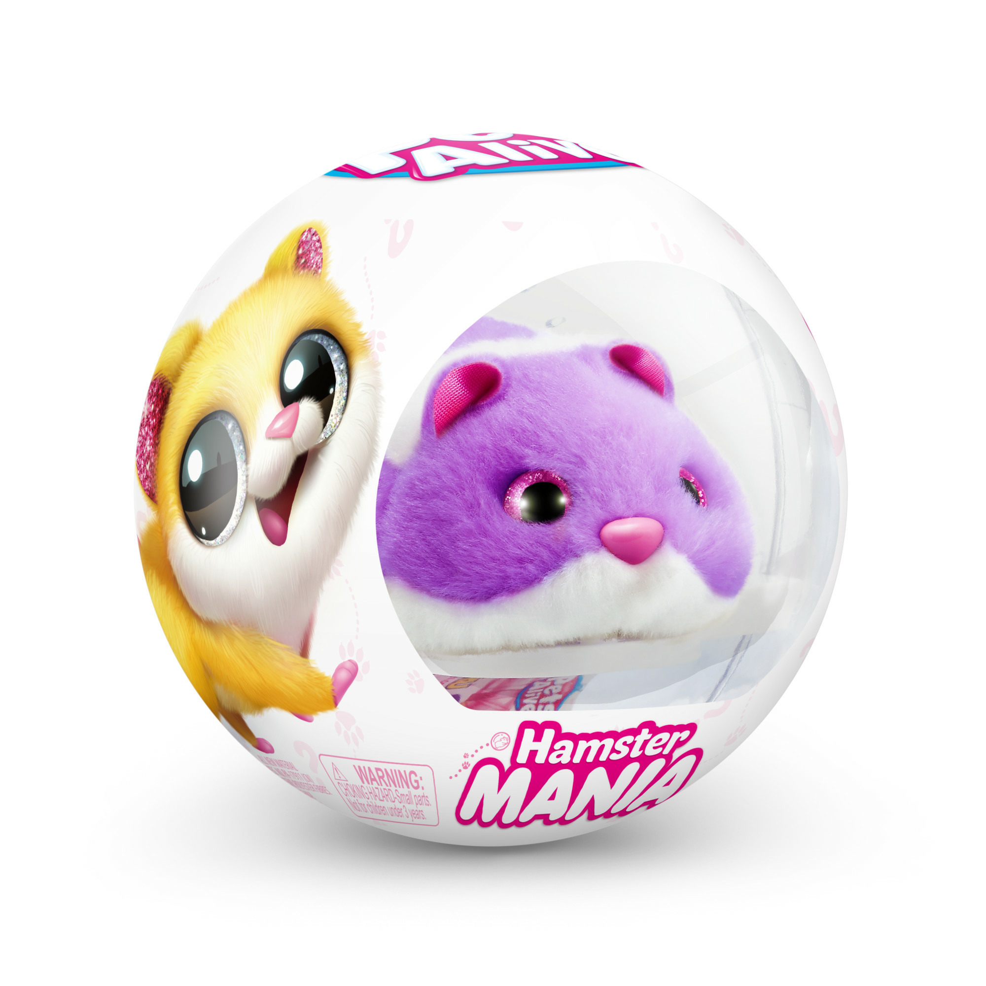 Ein Hamster-Spielzeug in einer durchsichtigen Plastikkugel. Ein gelber Hamster mit großen Augen und ein lila Hamster sind sichtbar.
