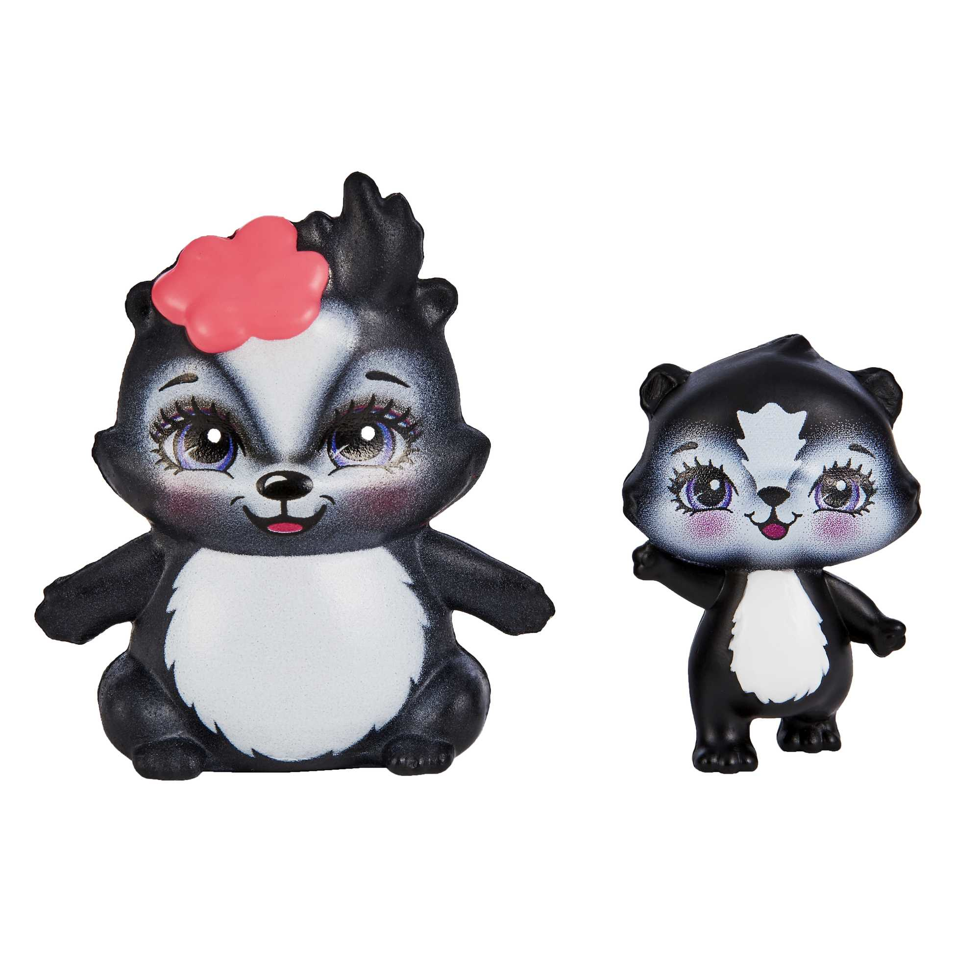 Zwei Stinktierfiguren, schwarz und weiß mit rosa Akzenten. Eine ist größer als die andere.