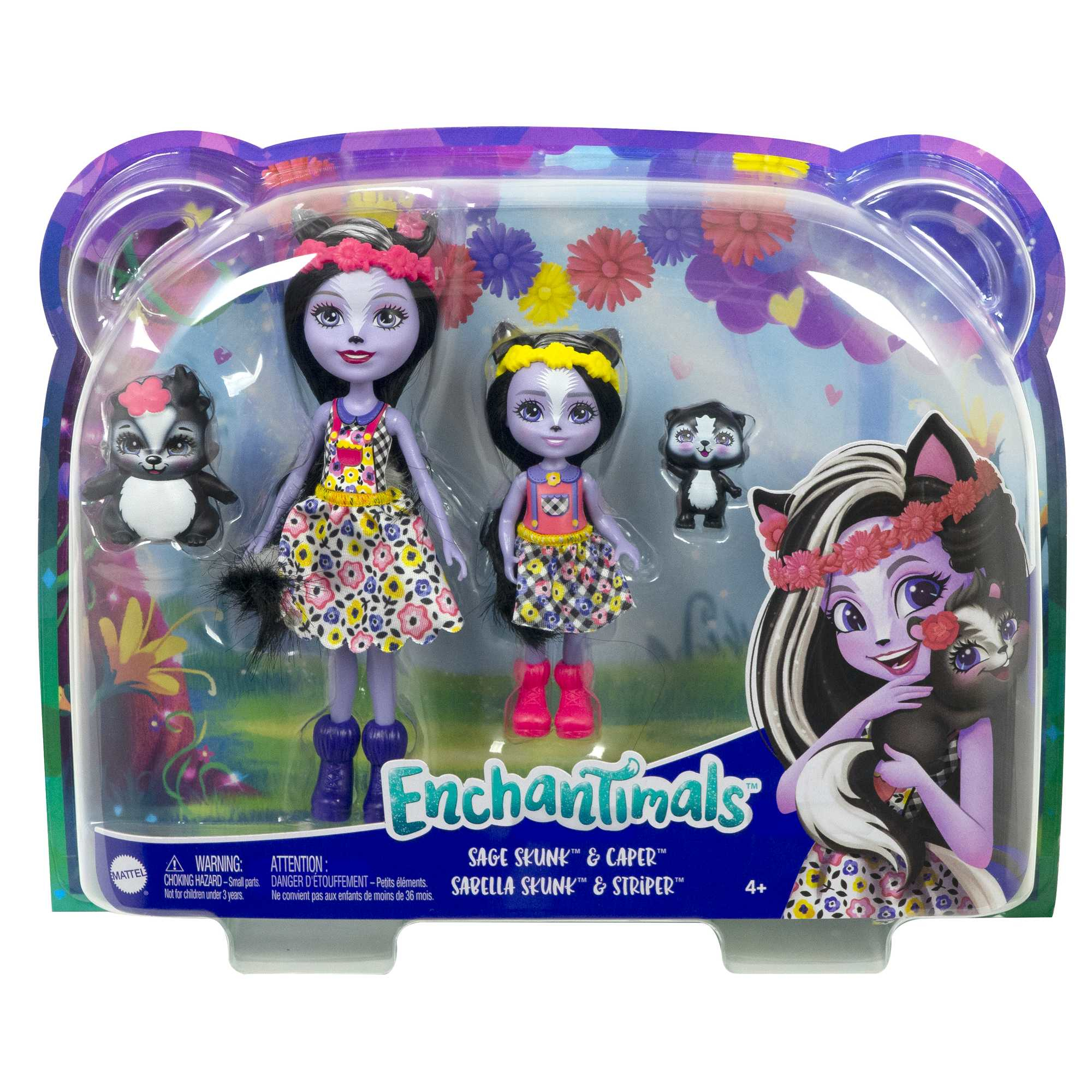 Zwei Enchantimals-Puppen mit ihren tierischen Freunden. Eine Vitrine zeigt die Puppen und das Enchantimals-Logo.
